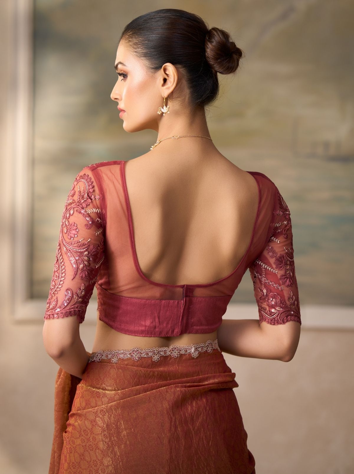 Coral Pink Couture Sequin Saree & Net Blouse With Premium Base Liner