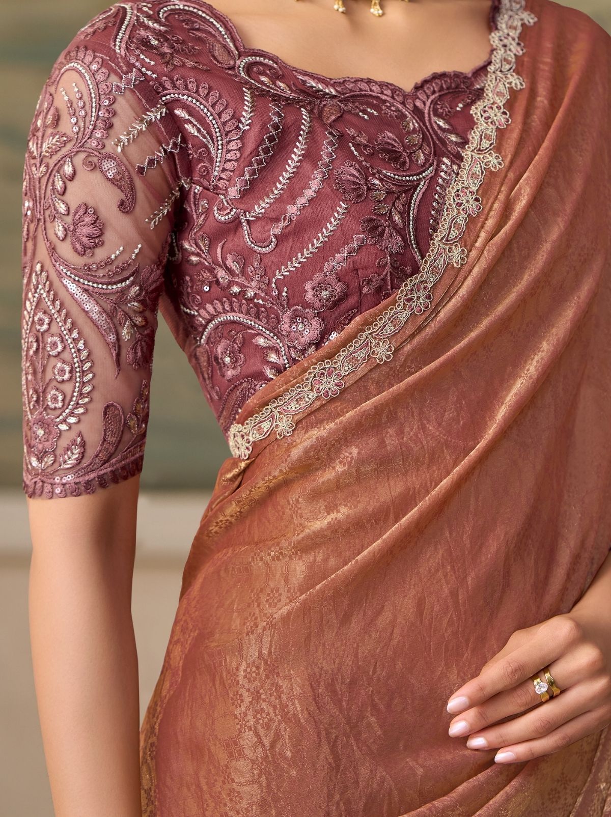 Coral Pink Couture Sequin Saree & Net Blouse With Premium Base Liner