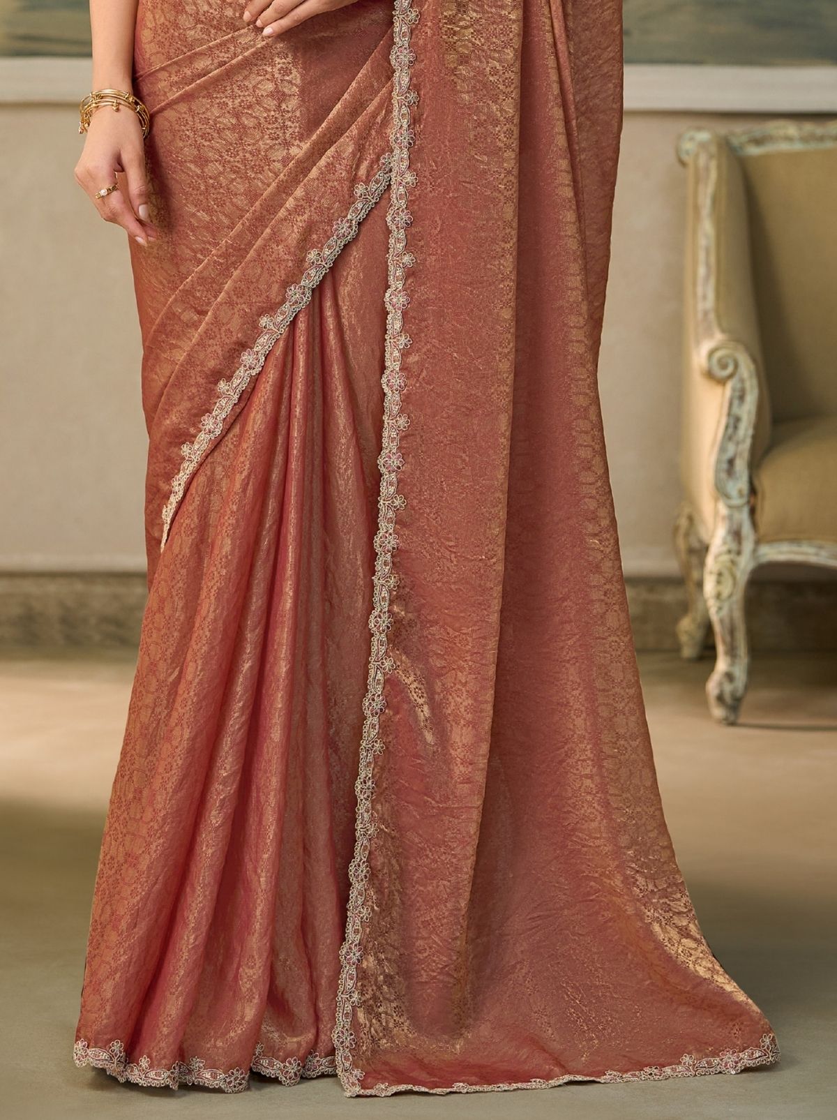Coral Pink Couture Sequin Saree & Net Blouse With Premium Base Liner