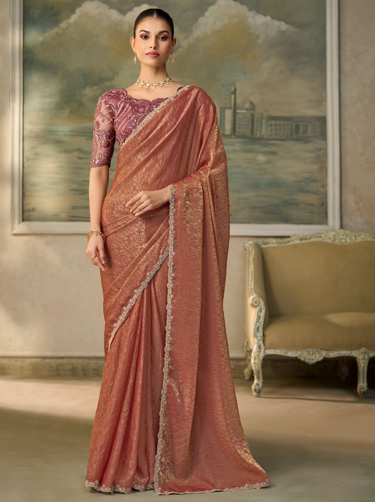 Coral Pink Couture Sequin Saree with Zari Artistry