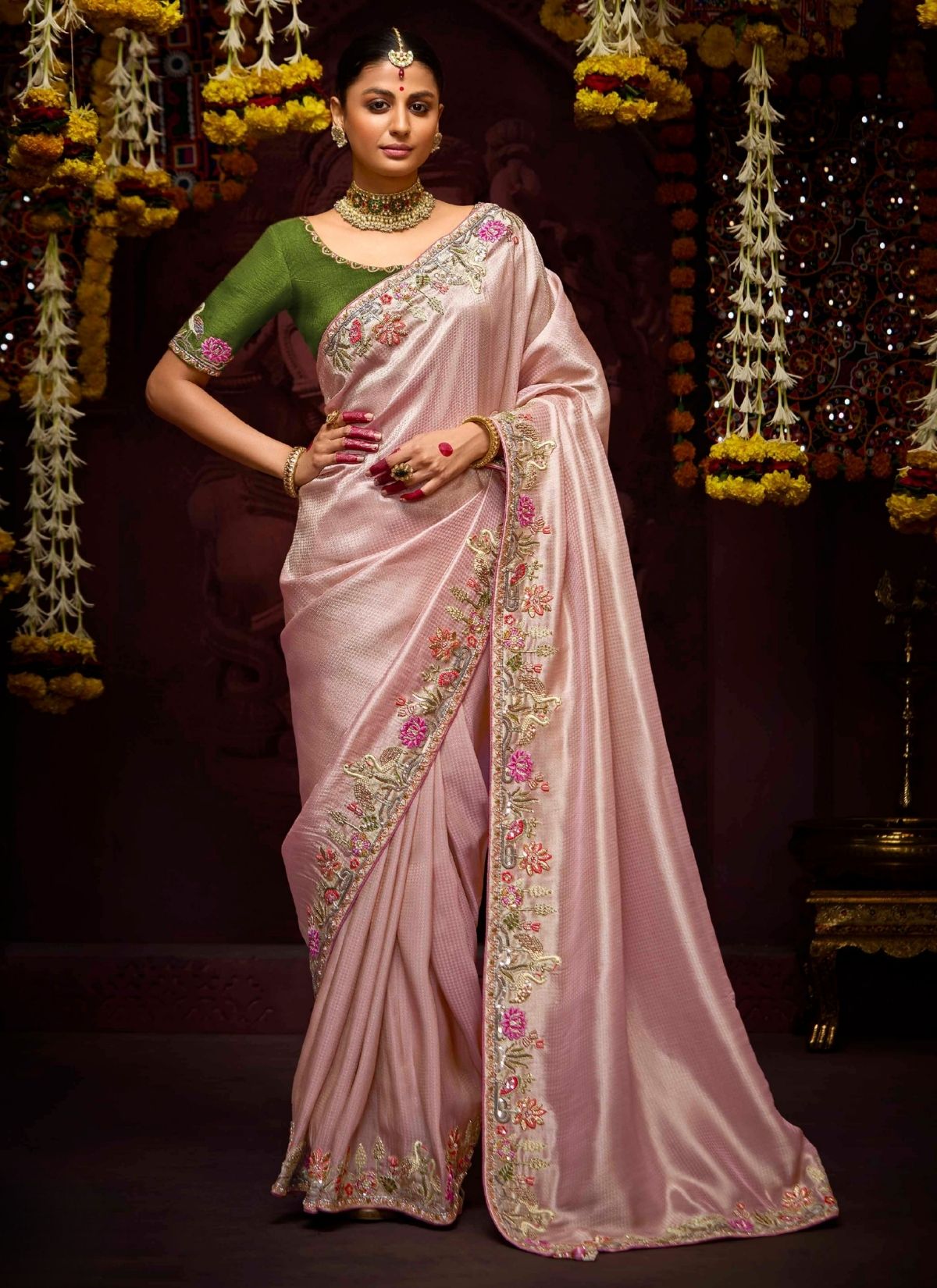 Carnation Pink Designer Banarasi Kanjivaram Silk Saree for Wedding - TrendOye