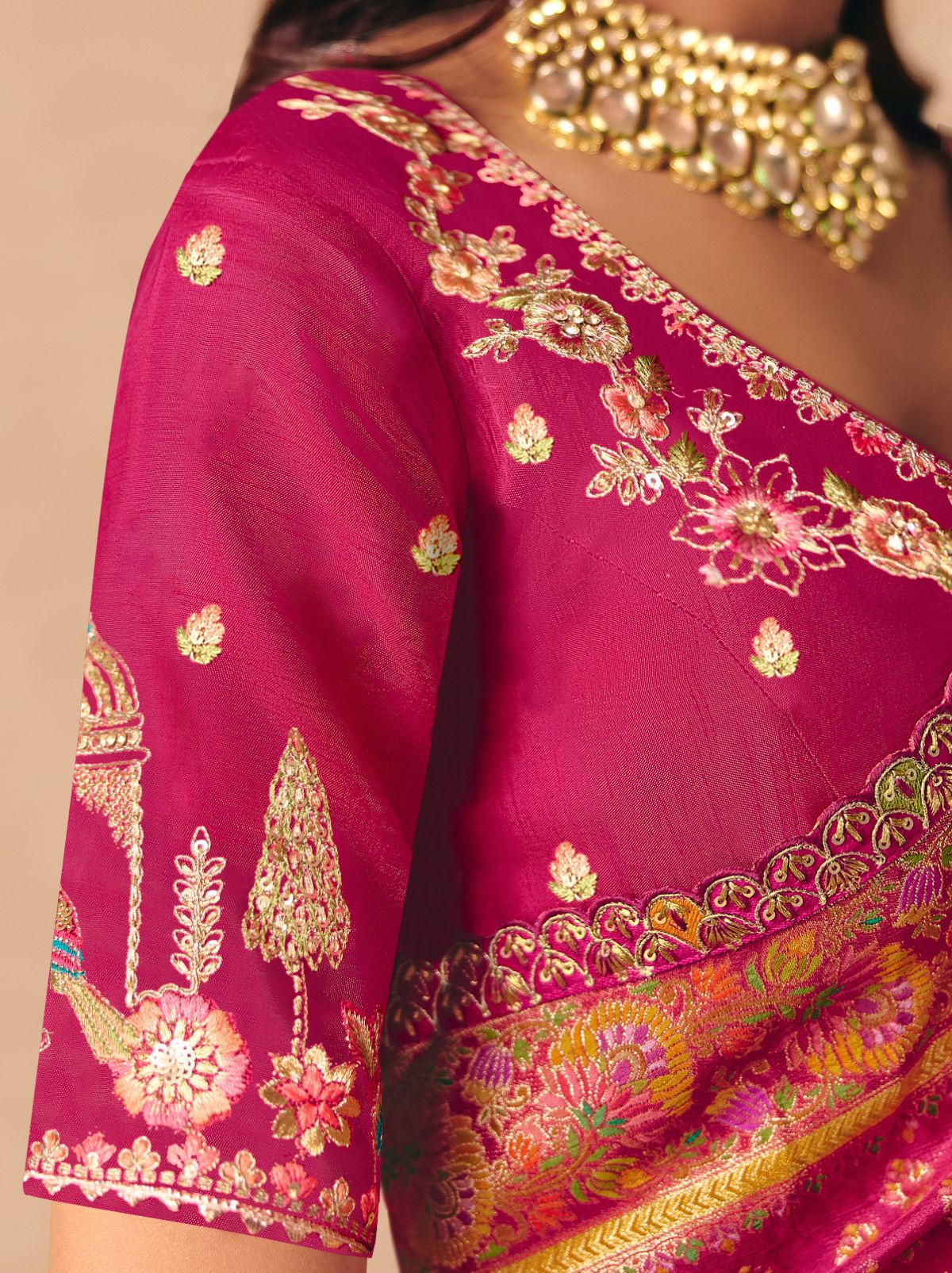 Magenta Pink Designer Dola Silk Saree with Embroidery