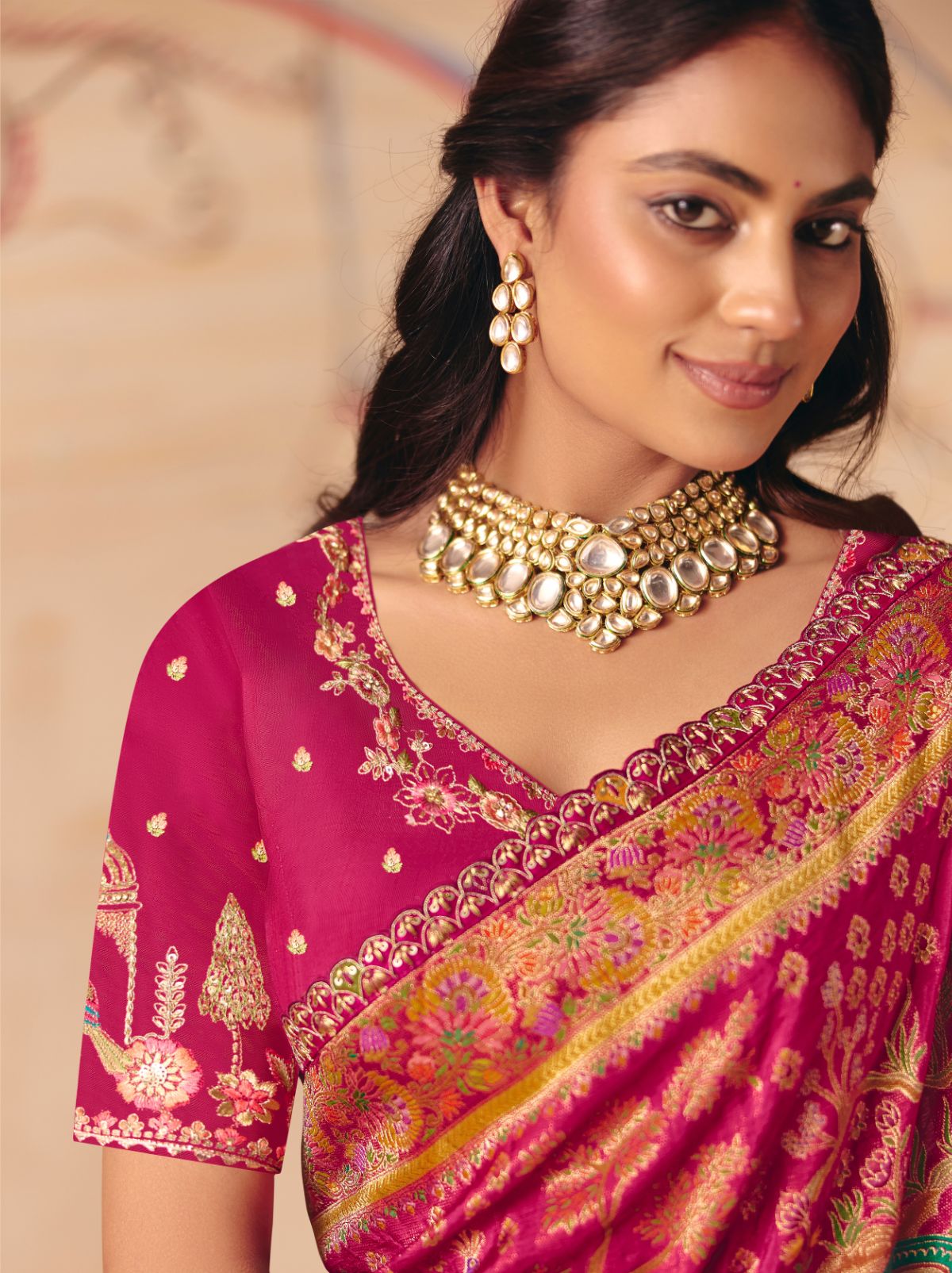 Magenta Pink Designer Dola Silk Saree with Embroidery