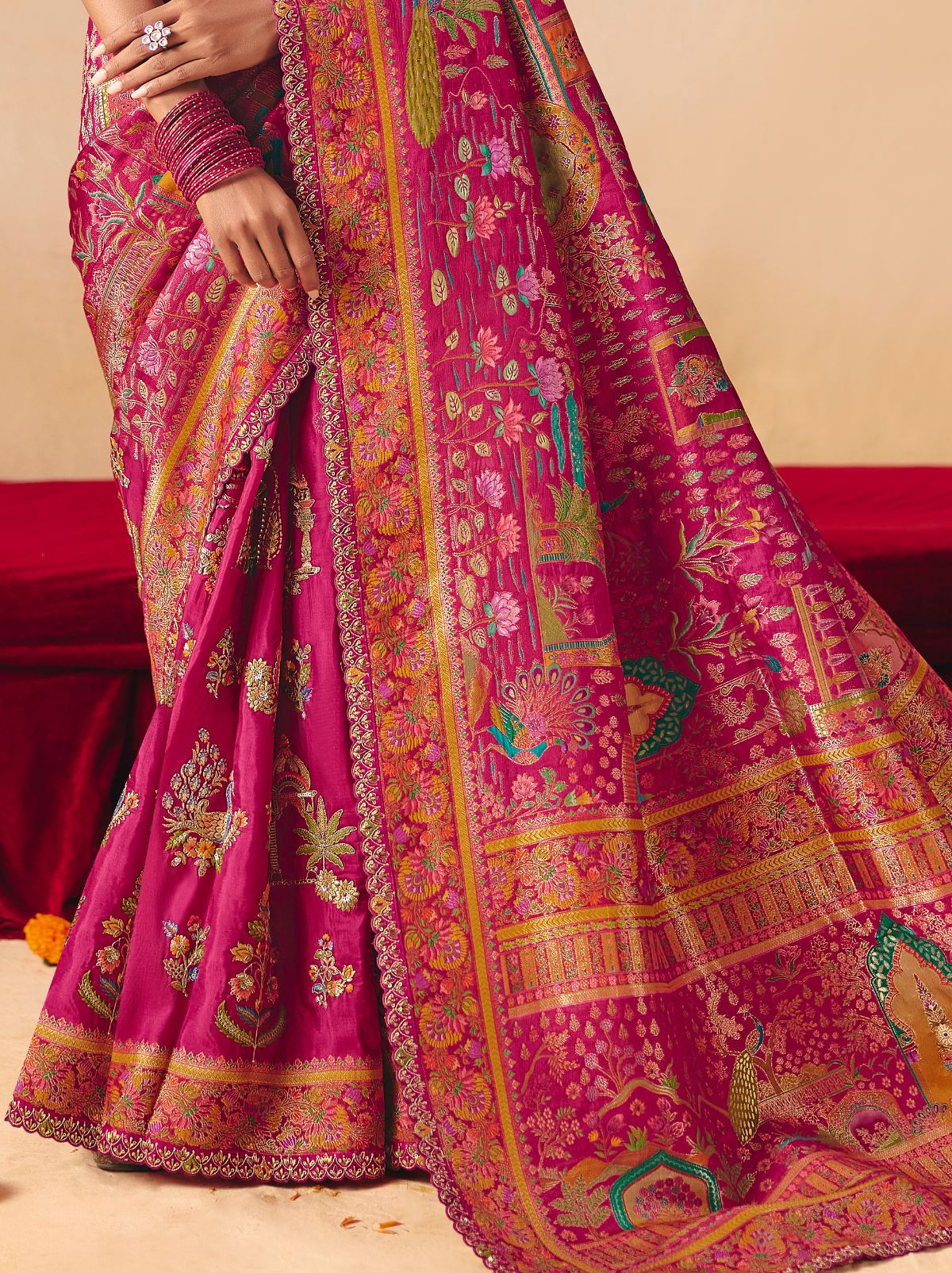Magenta Pink Designer Dola Silk Saree with Embroidery