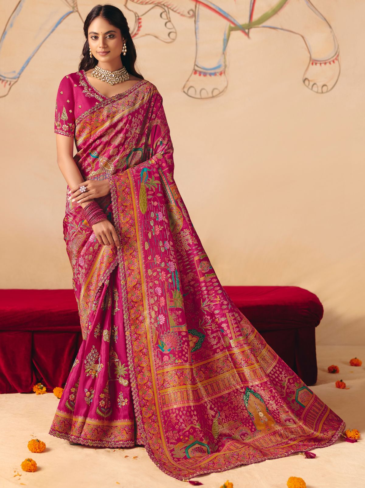 Magenta Pink Designer Dola Silk Saree with Embroidery
