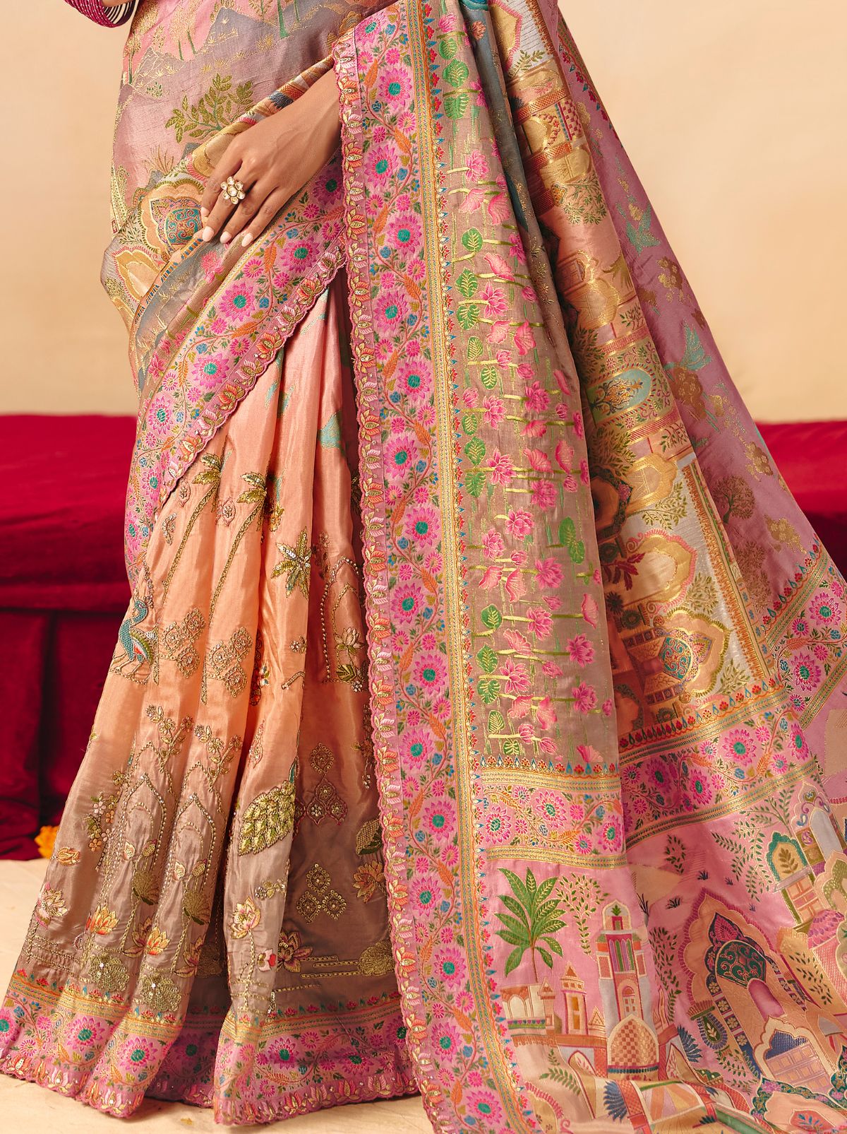 Flamingo Pink Designer Dola Silk Saree with Embroidery