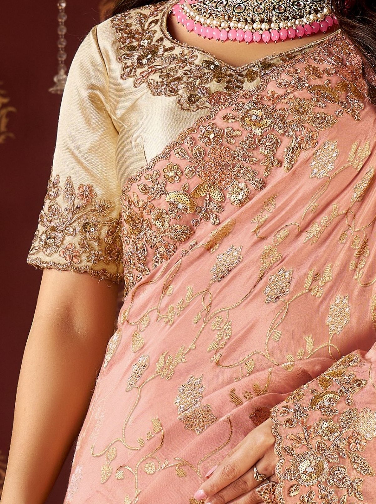Peach Pink Designer Fancy Silk Bridal Saree With Blouse Piece