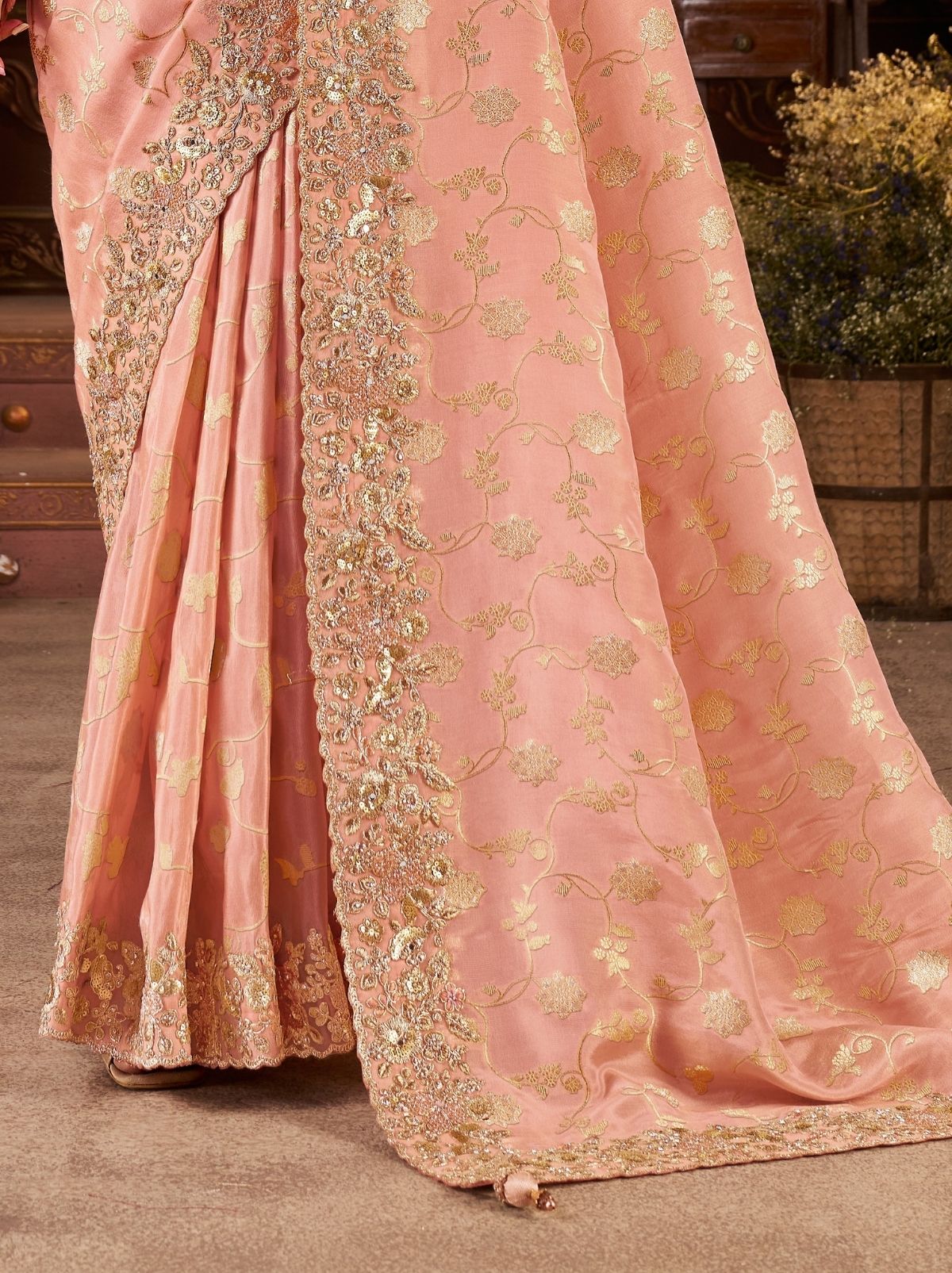 Peach Pink Designer Fancy Silk Bridal Saree With Blouse Piece