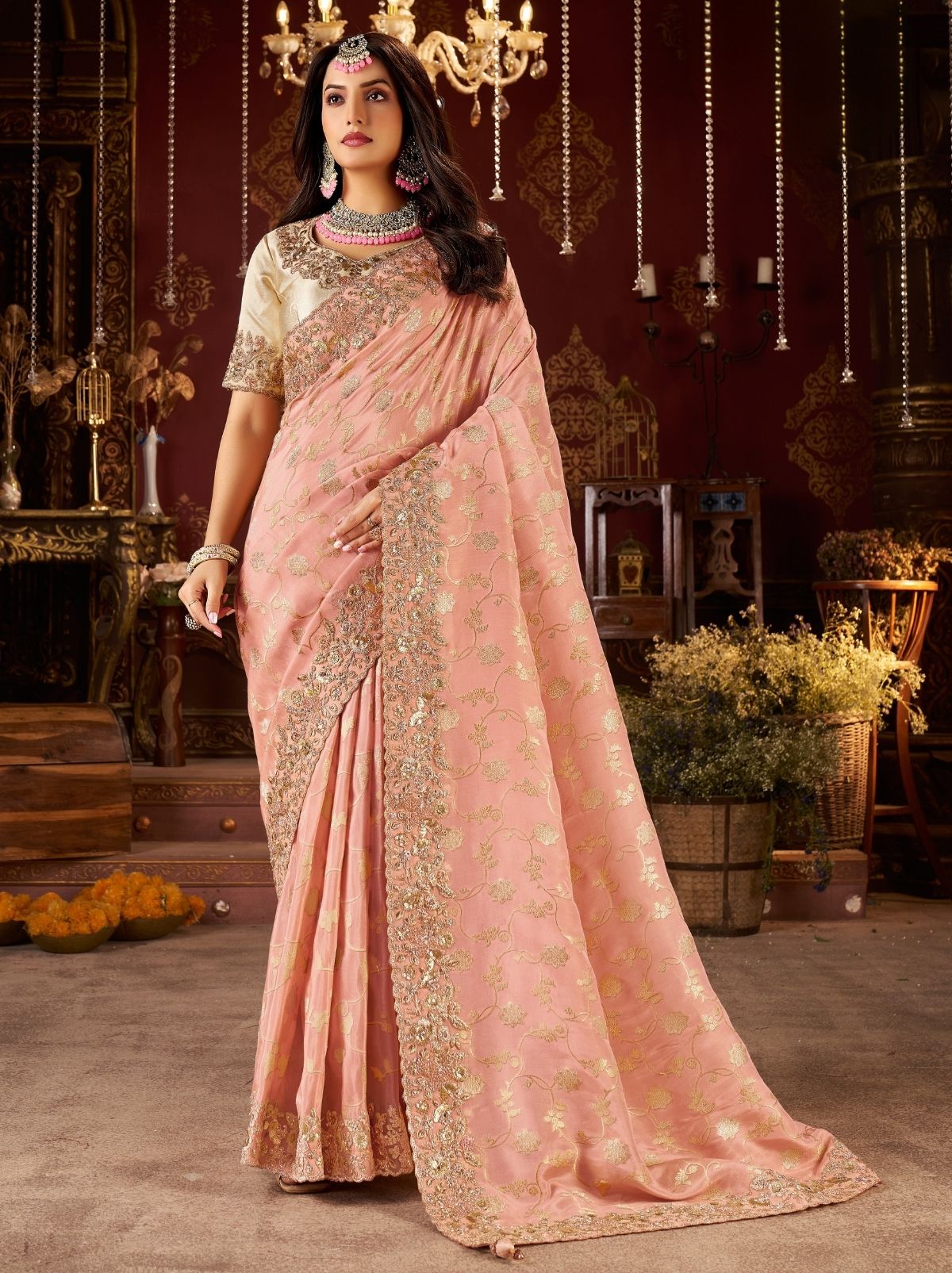 Peach Pink Designer Fancy Silk Bridal Saree With Blouse Piece