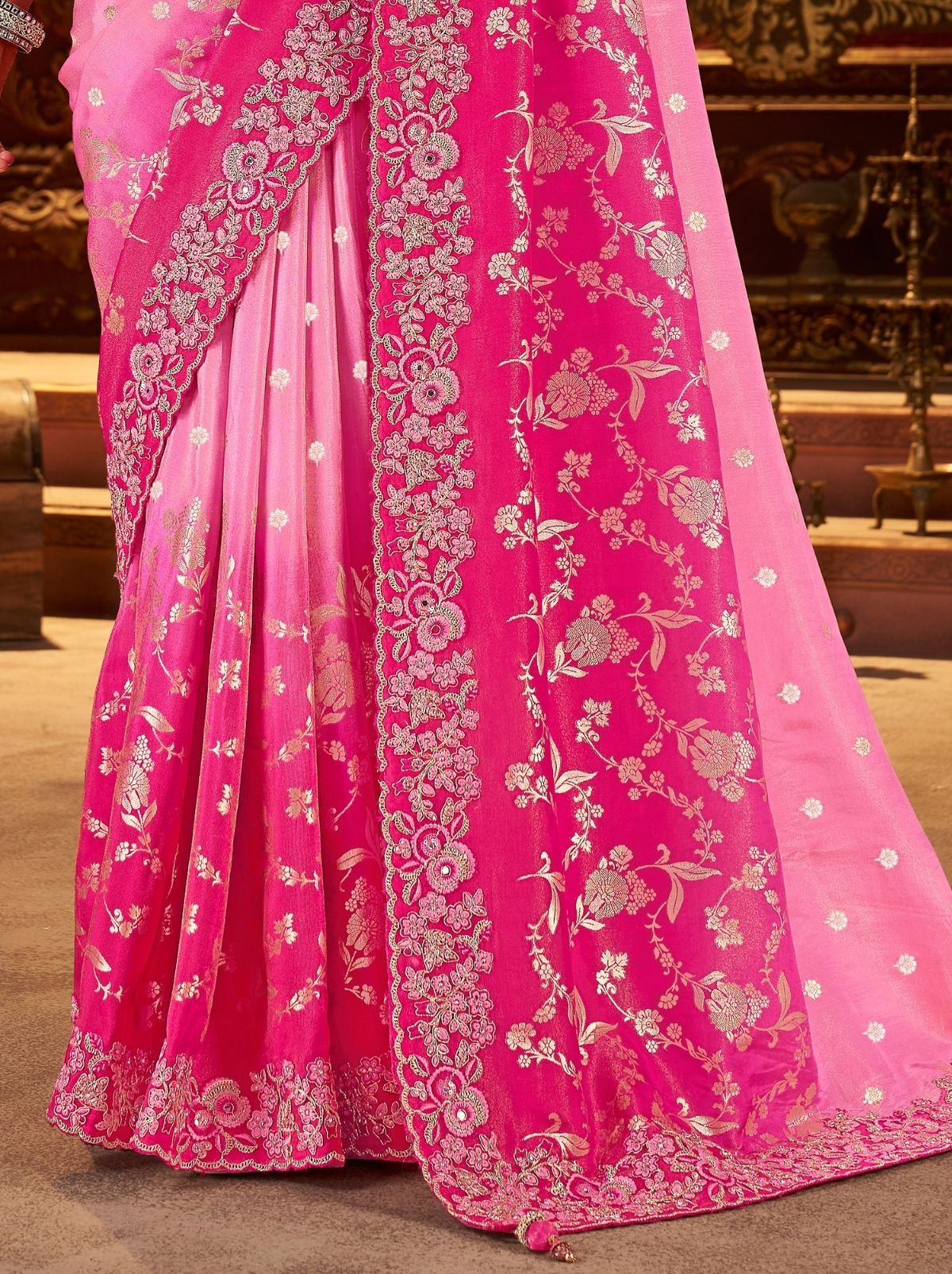 Taffy Pink Designer Fancy Silk Bridal Saree With Blouse Piece