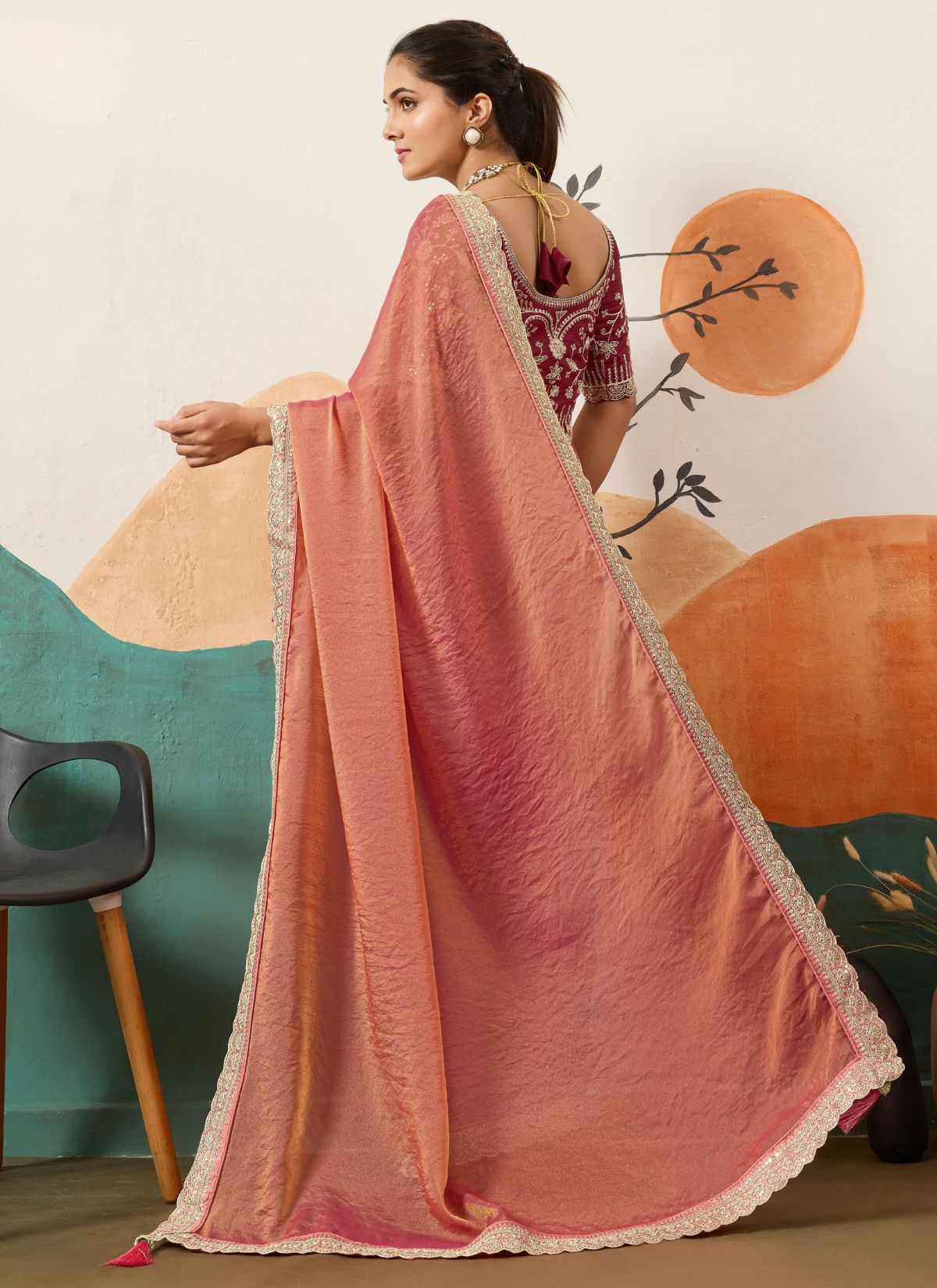 Rose Pink Designer Festive saree With Zari Work - TrendOye