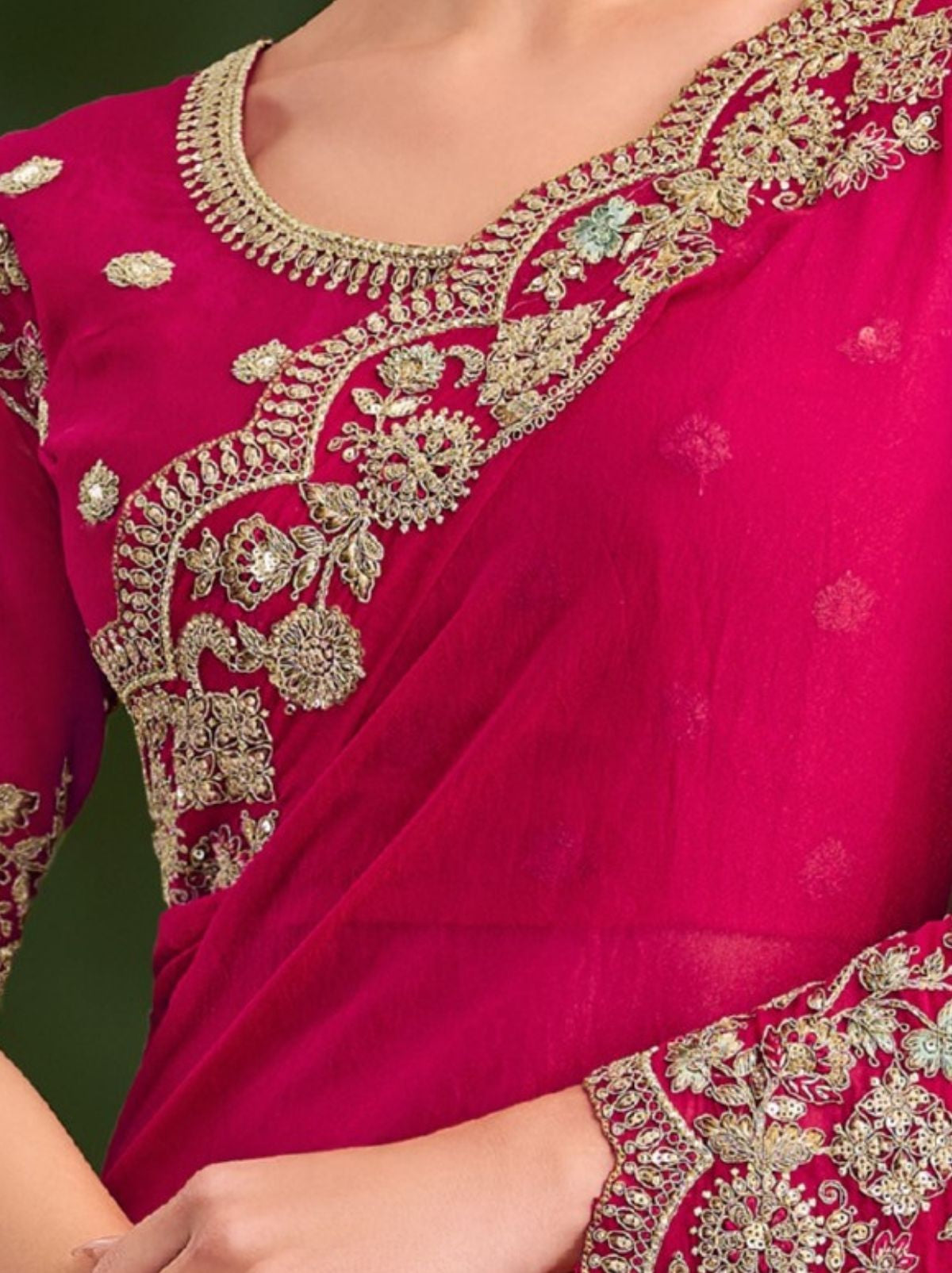 Ruby Pink Designer Georgette Silk Bridal Saree with Tassels