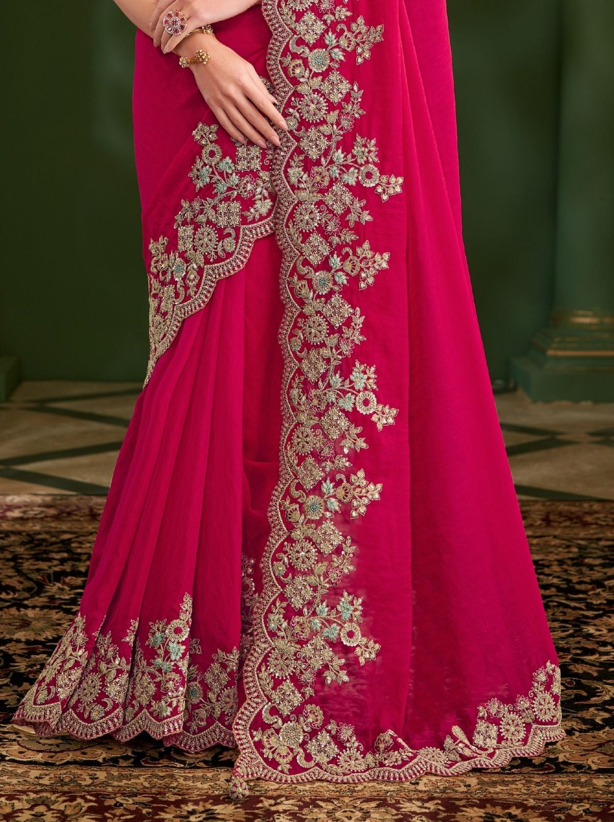 Ruby Pink Designer Georgette Silk Bridal Saree with Tassels