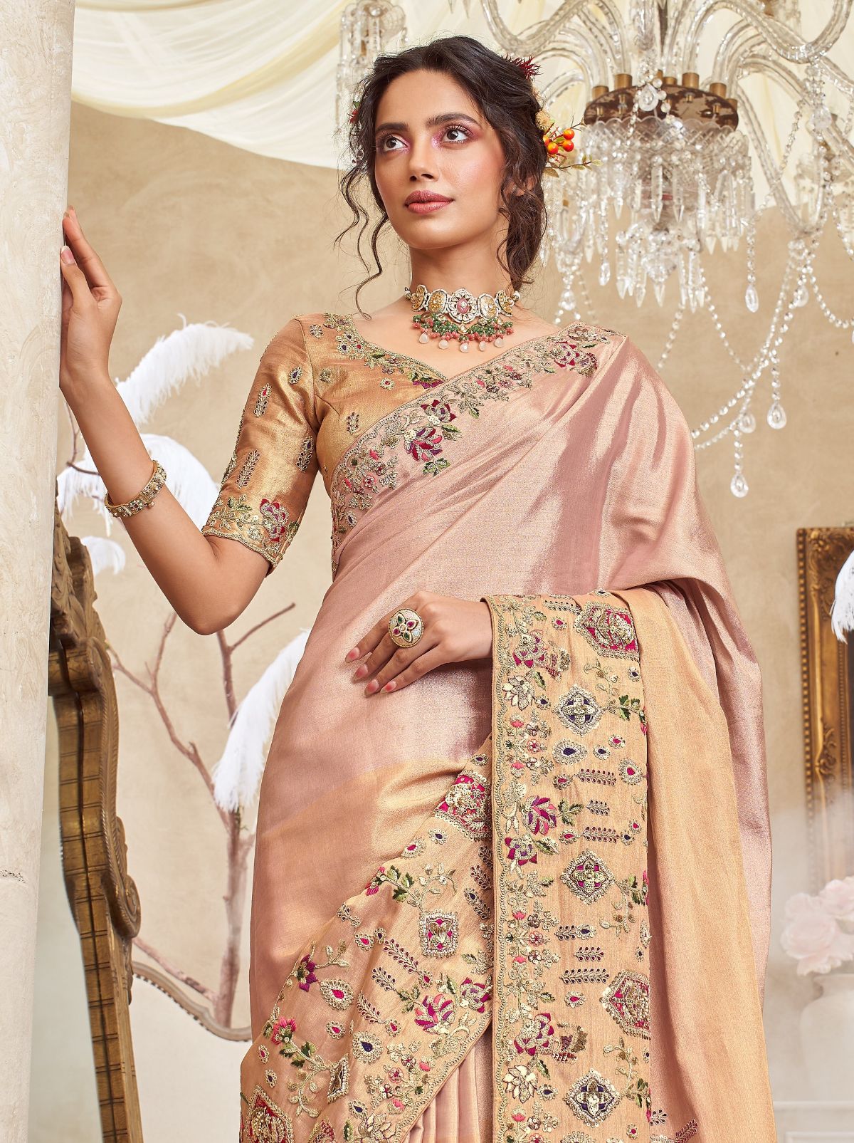 Baby Pink Designer Luxury Fine Silk Saree With Heavy Work
