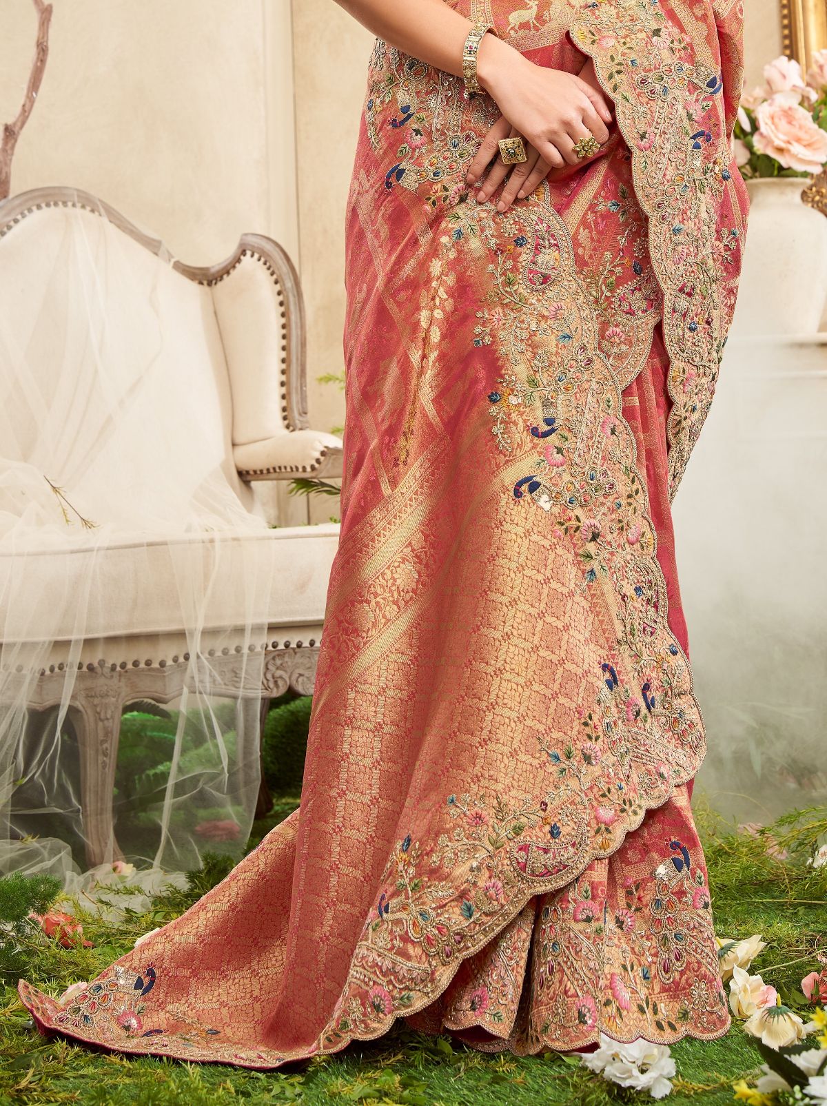 Rose Pink Designer Luxury Fine Silk Saree With Heavy Work