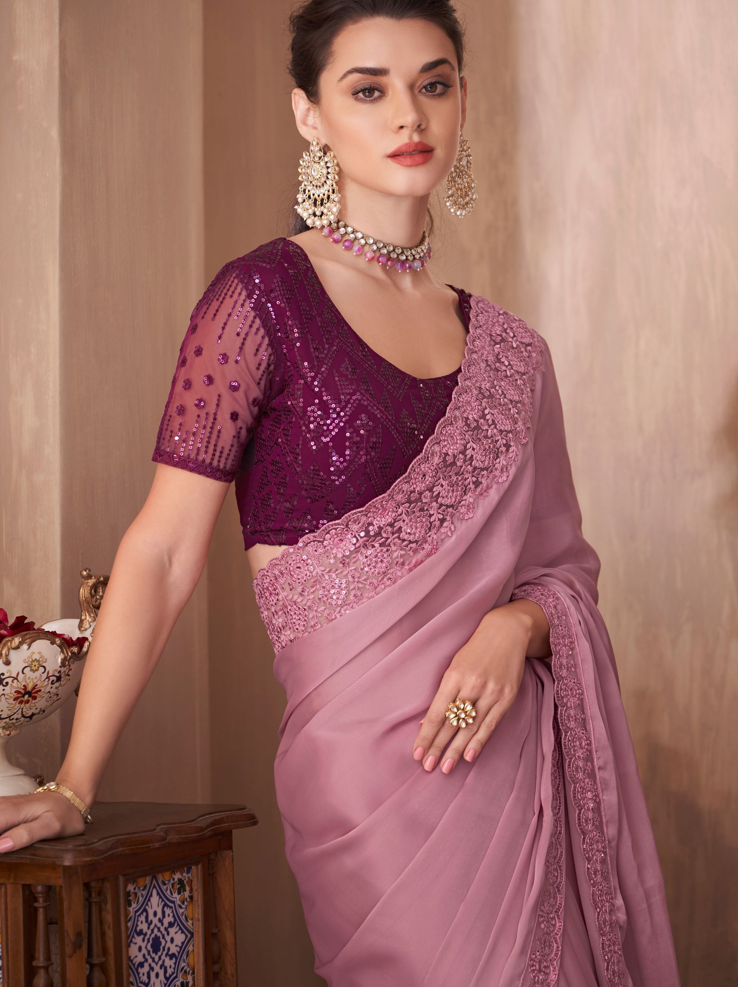 Thulian Pink fancy Silk Blended Saree - TrendOye