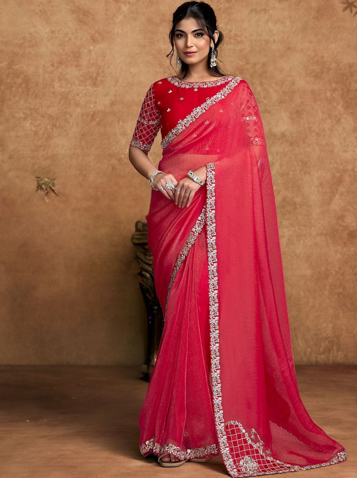 Raspberry Pink Designer Party Wear Saree With Blouse Piece
