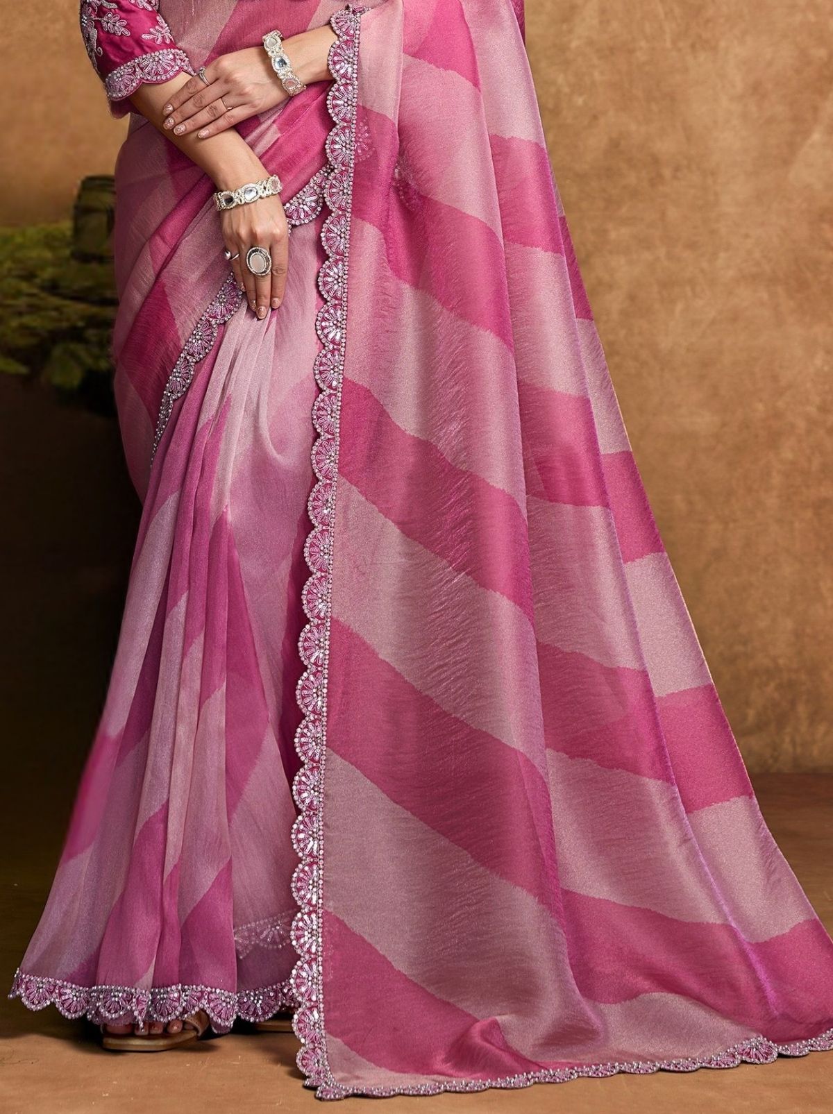 Carnation Pink Designer Party Wear Saree With Blouse Piece