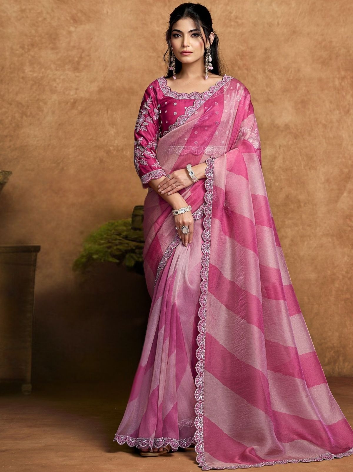 Carnation Pink Designer Party Wear Saree With Blouse Piece