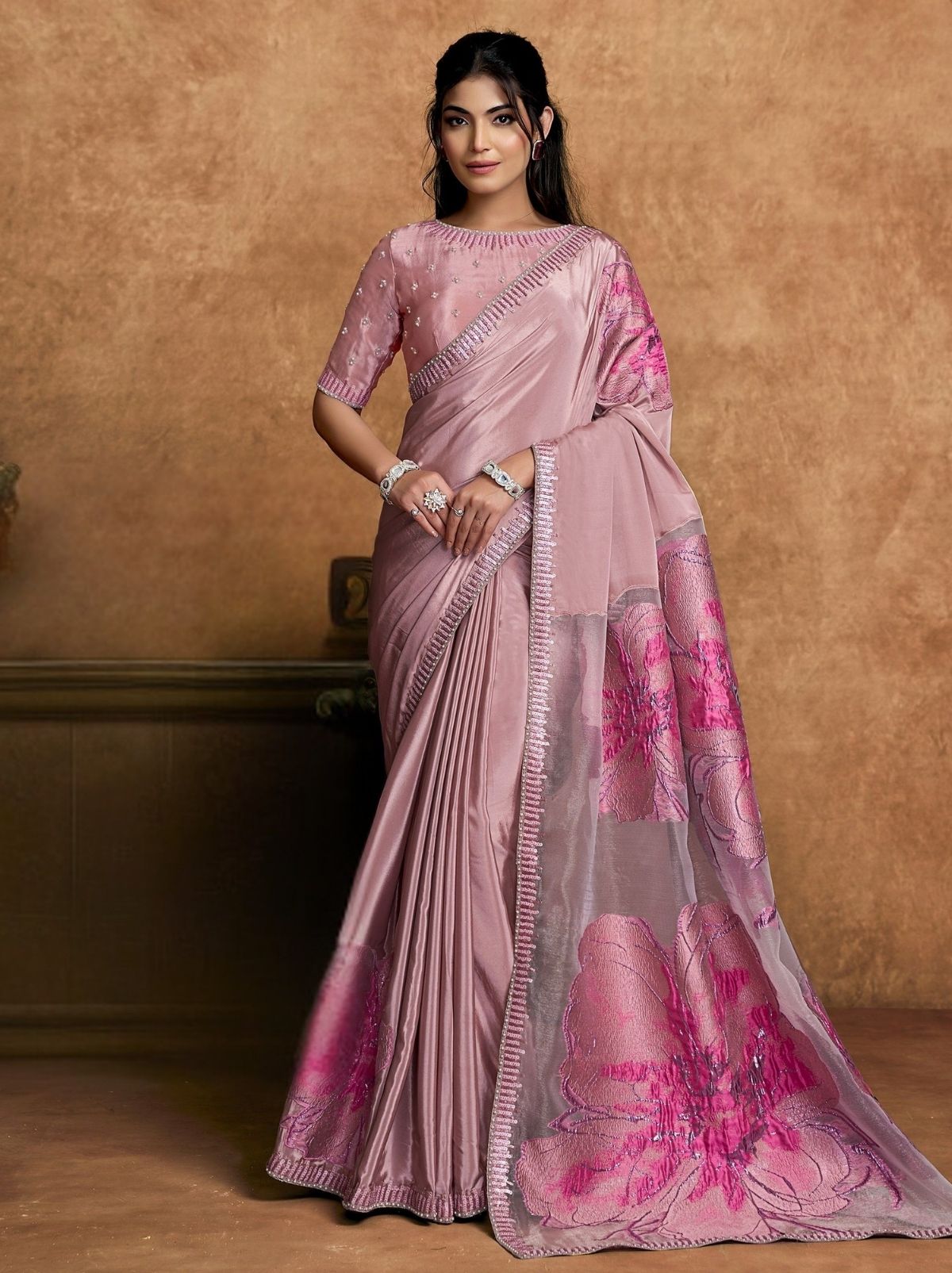 Candy Floss Pink Designer Party Wear Saree With Blouse Piece