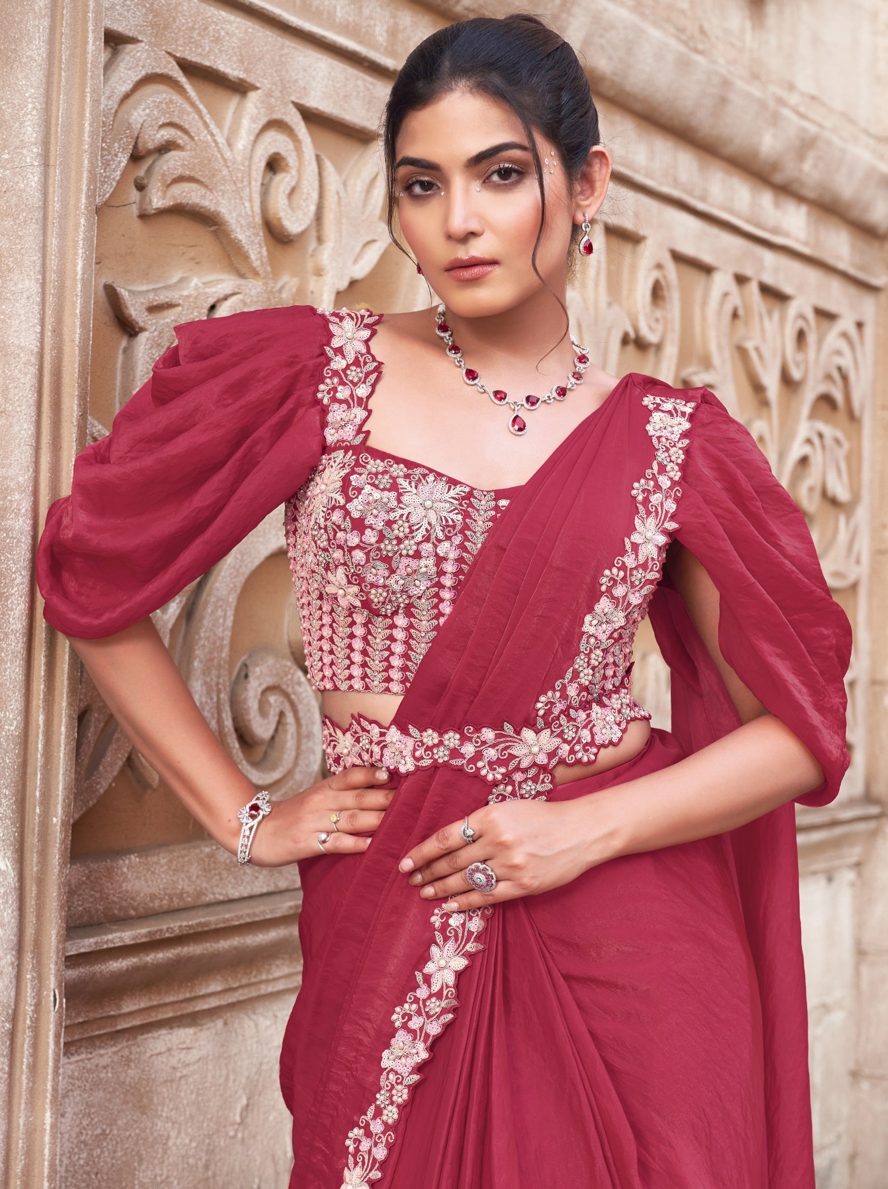 Ruby Pink Designer Ready to Wear Saree With Stitched Blouse - TrendOye