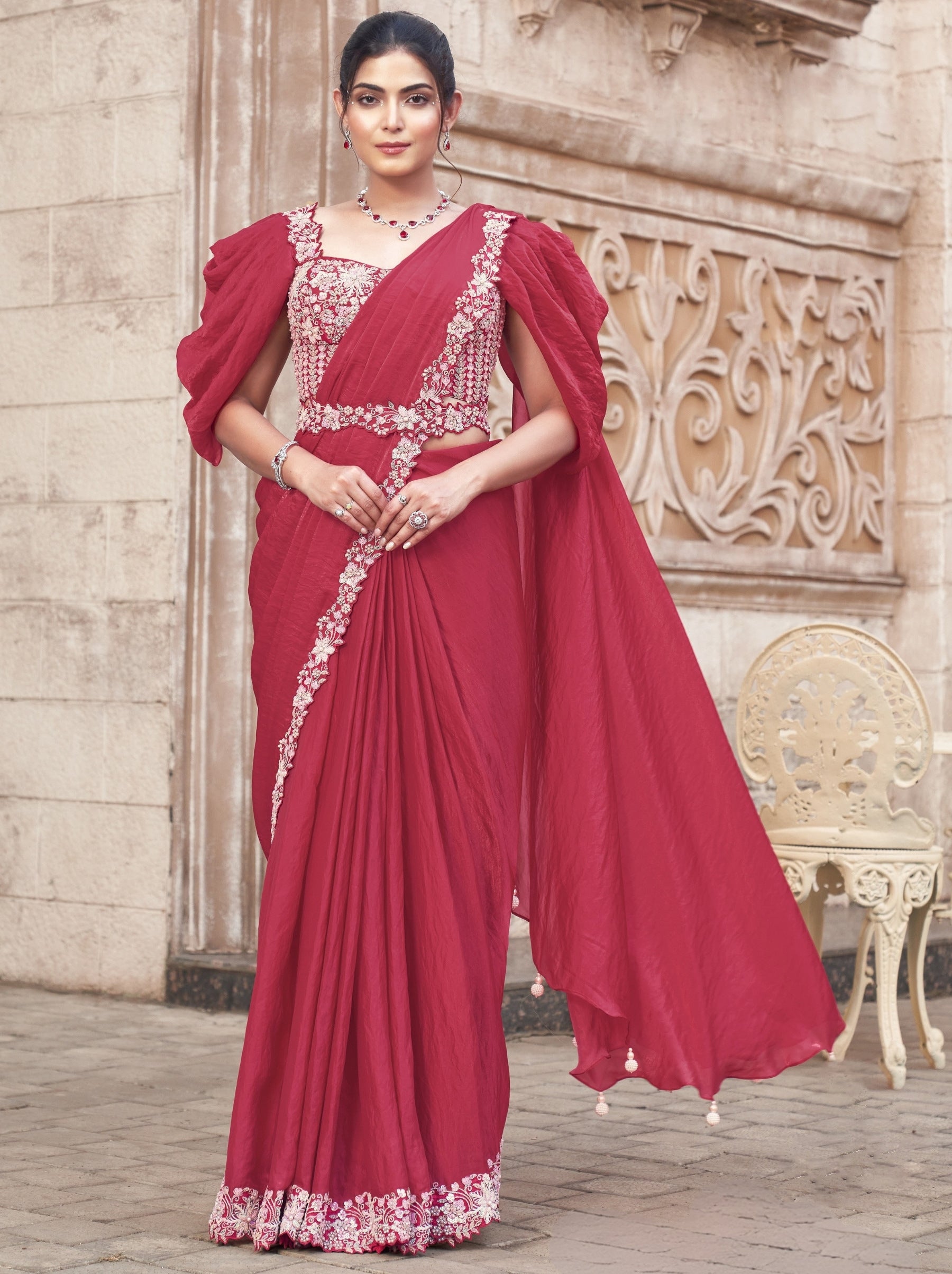 Ruby Pink Designer Ready to Wear Saree With Stitched Blouse - TrendOye