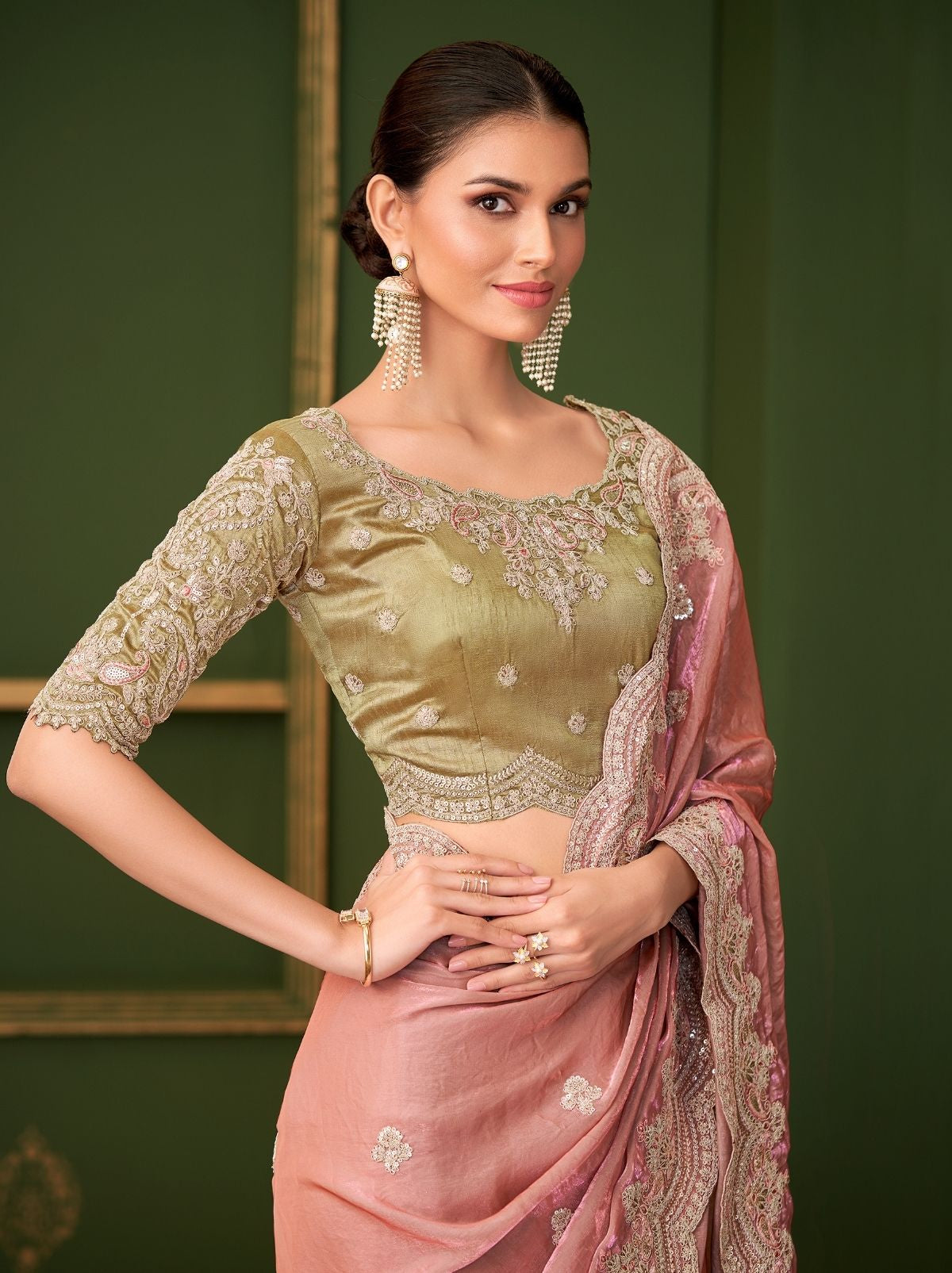 Taffy Pink Designer Satin Georgette Silk Bridal Saree with Tassels