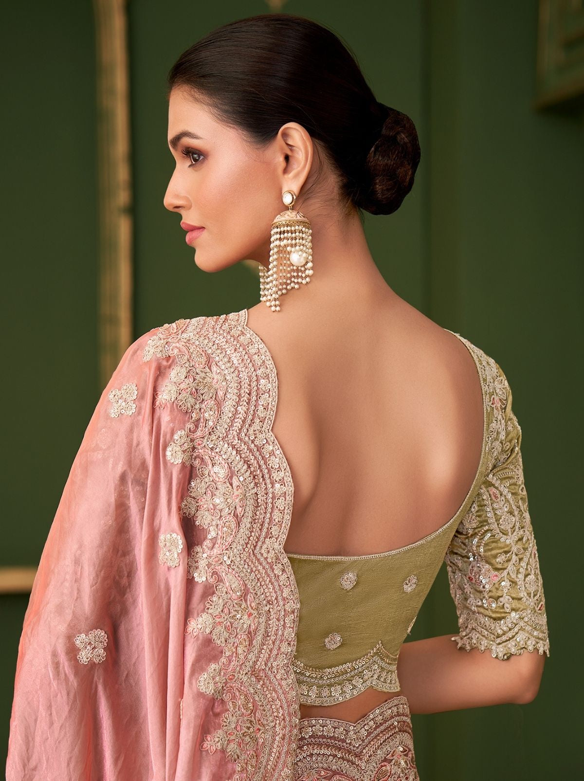 Taffy Pink Designer Satin Georgette Silk Bridal Saree with Tassels