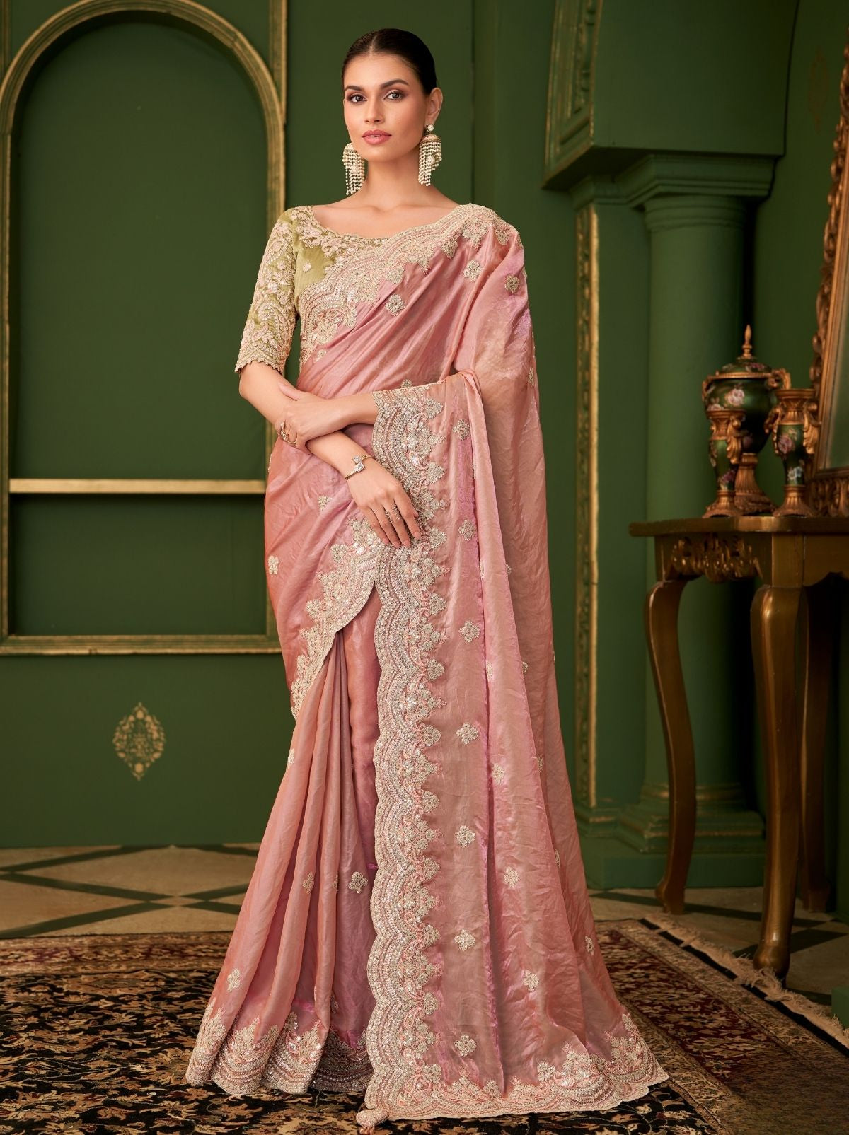 Taffy Pink Designer Satin Georgette Silk Bridal Saree with Tassels