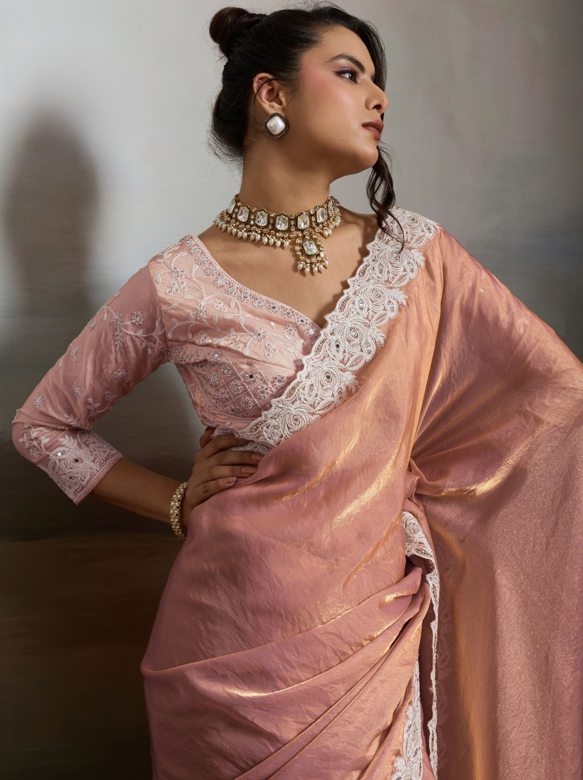 Rose Pink Designer Satin Velvet Silk Saree With Mirror Work