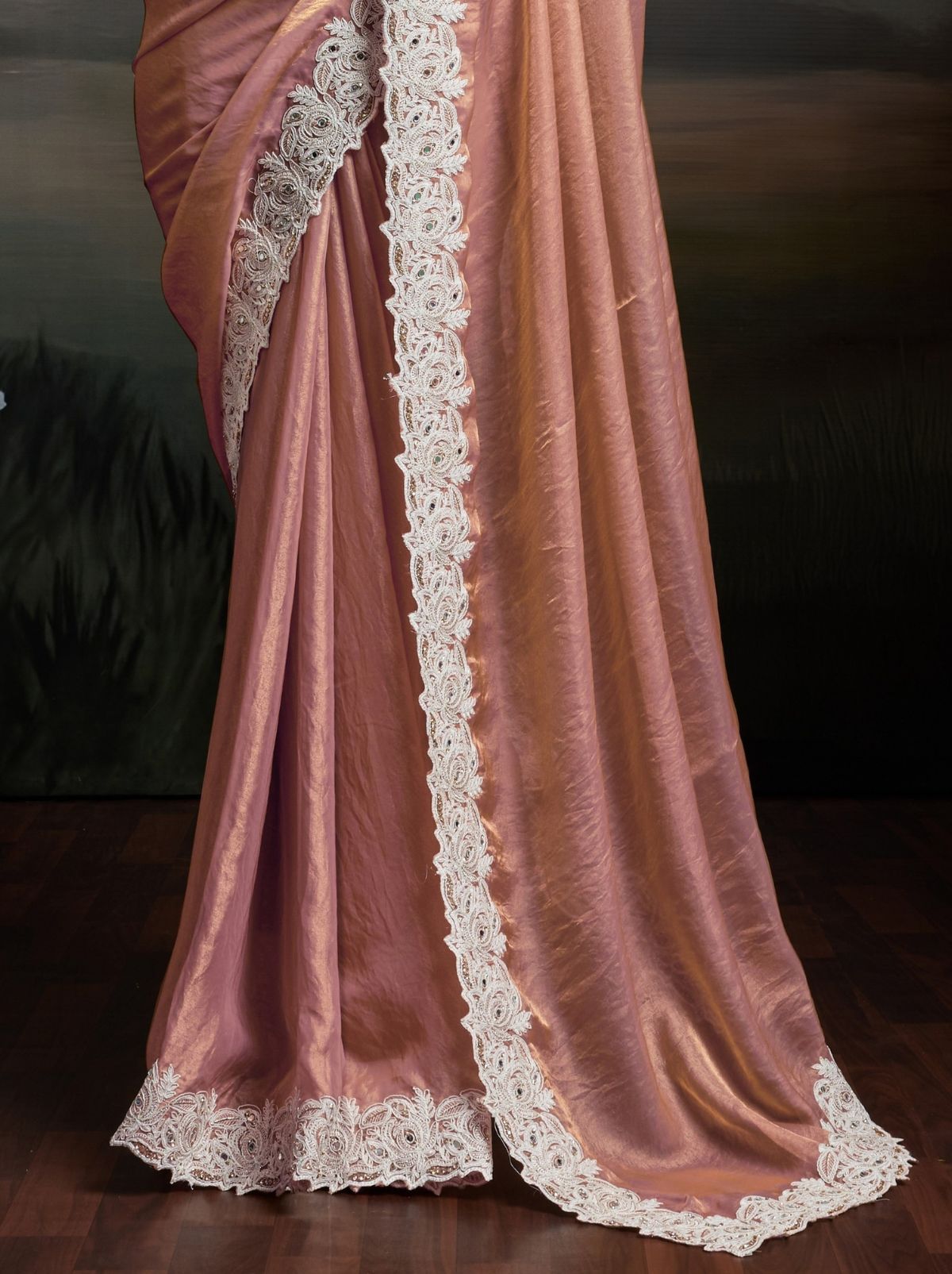 Rose Pink Designer Satin Velvet Silk Saree With Mirror Work