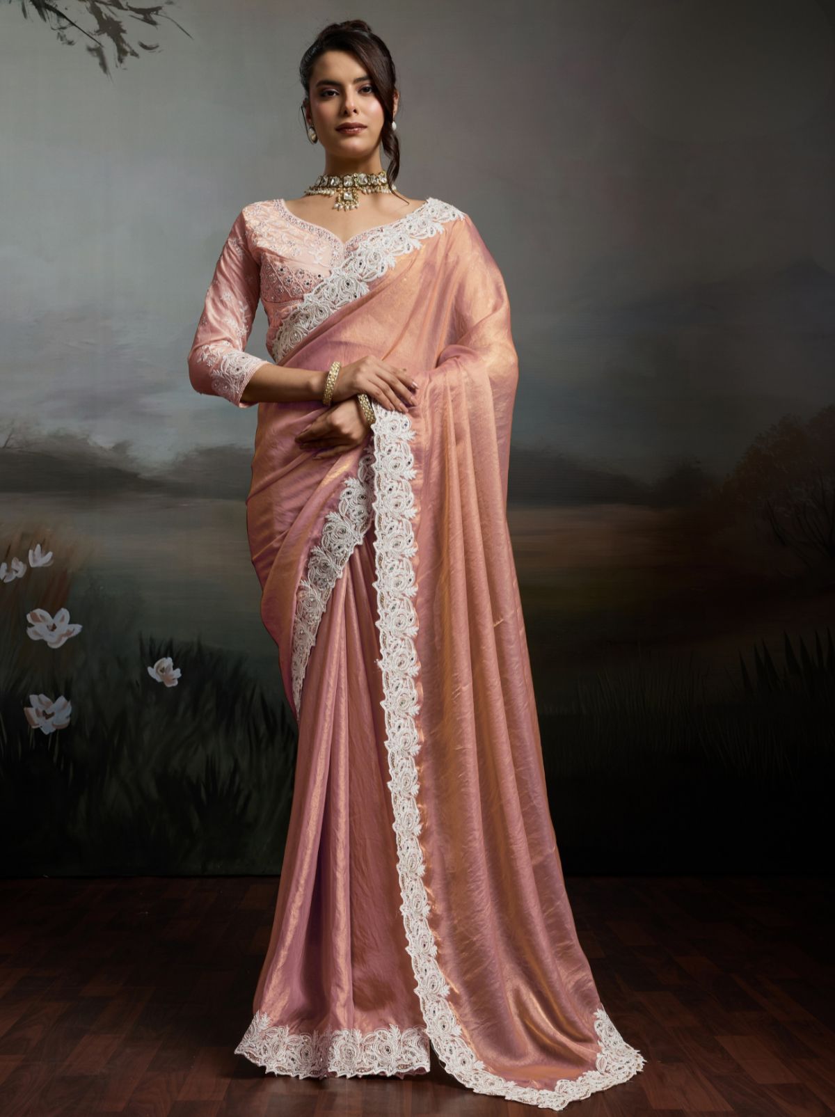 Rose Pink Designer Satin Velvet Silk Saree With Mirror Work