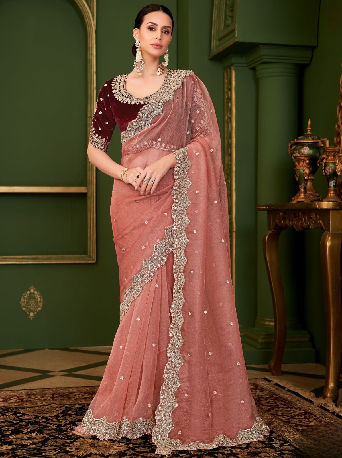 Flamingo Pink Designer Tissue Georgette Silk Bridal Saree with Tassels