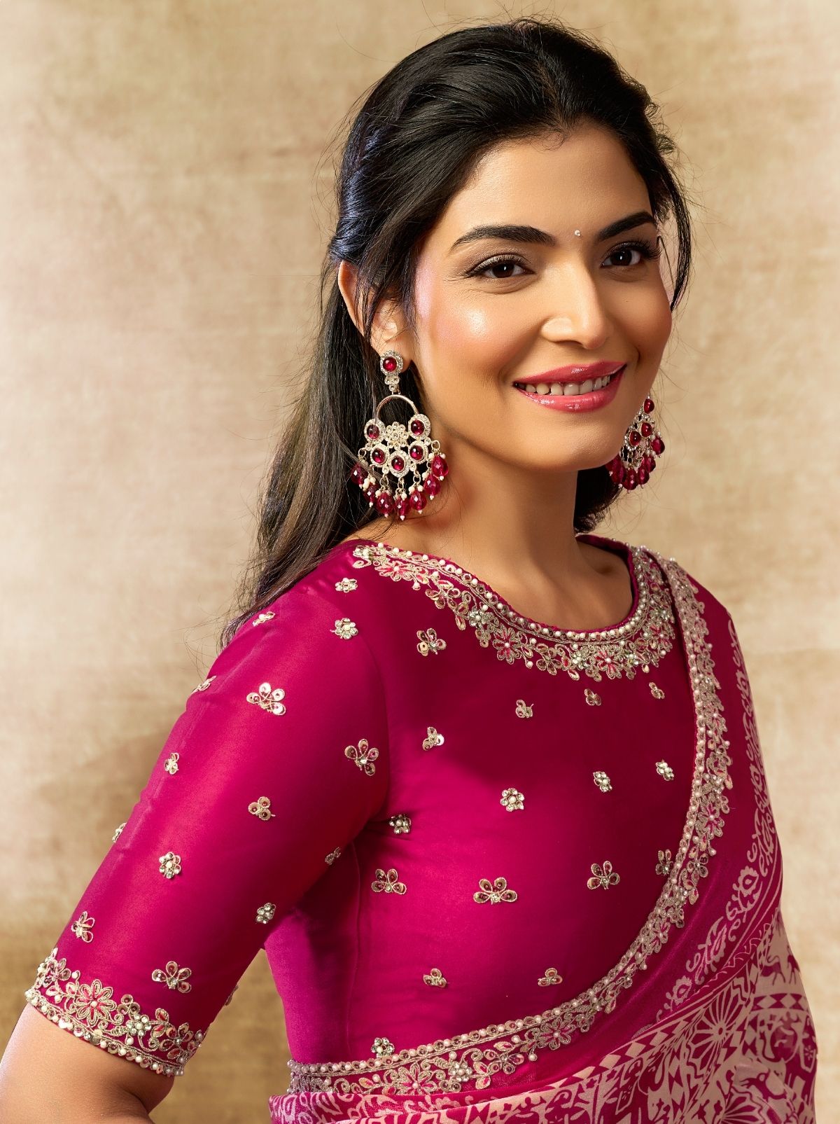 Cerise Pink Designer Two Tone Satin Silk Saree With Blouse Piece - TrendOye