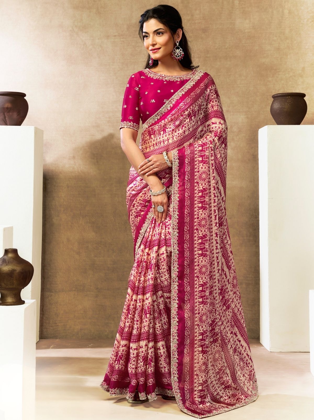 Cerise Pink Designer Two Tone Satin Silk Saree With Blouse Piece - TrendOye