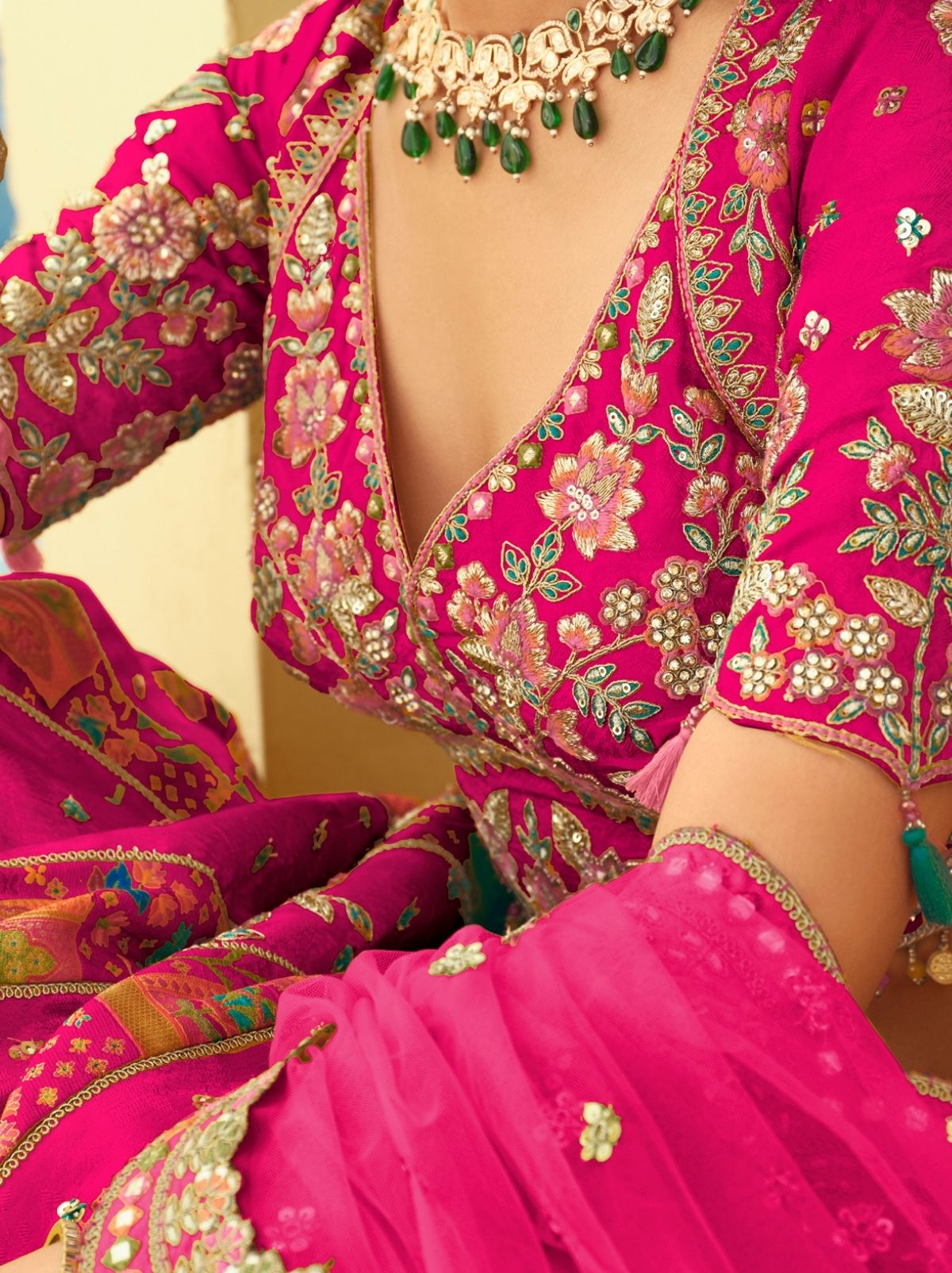 Hot Pink Designer Wedding Lehenga Set With Cut Work Border