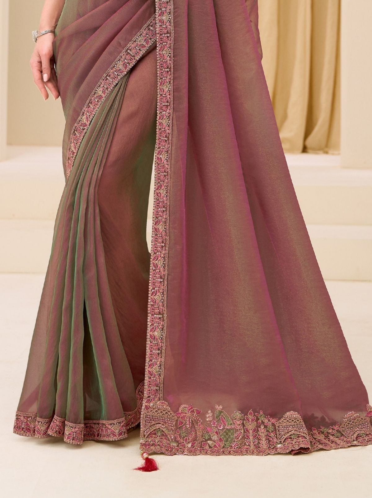 Thulian Pink Designer Wedding saree With Blouse Piece - TrendOye