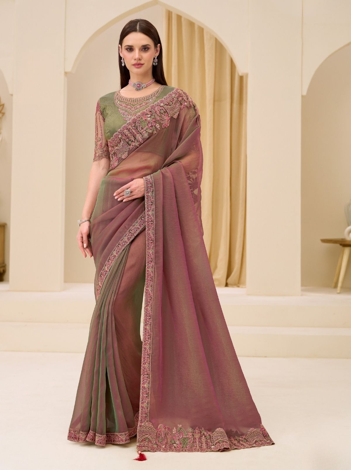 Thulian Pink Designer Wedding saree With Blouse Piece - TrendOye