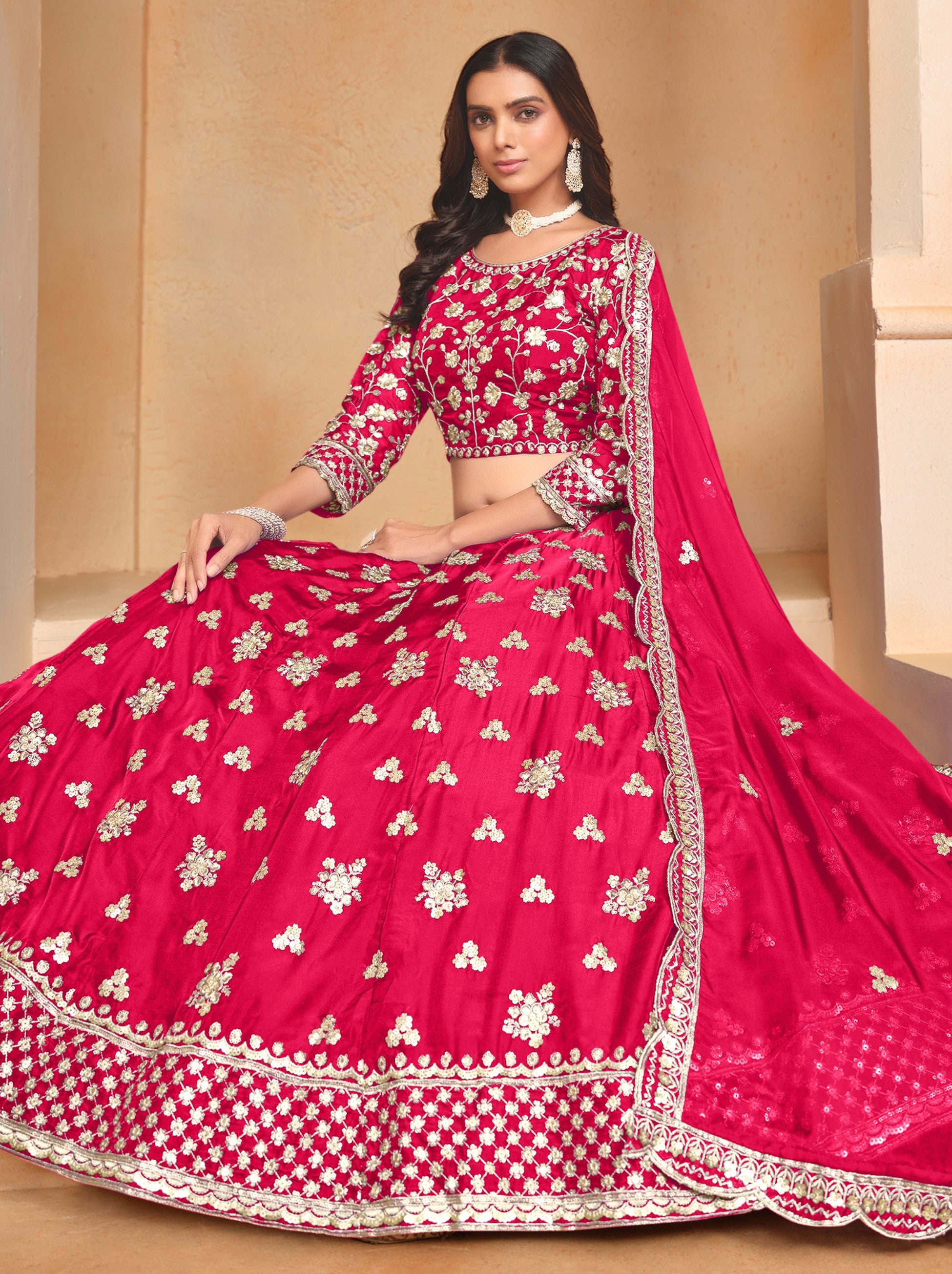 Ruby Pink Designer Party Lehenga Set With Sequin And Zari Work - TrendOye