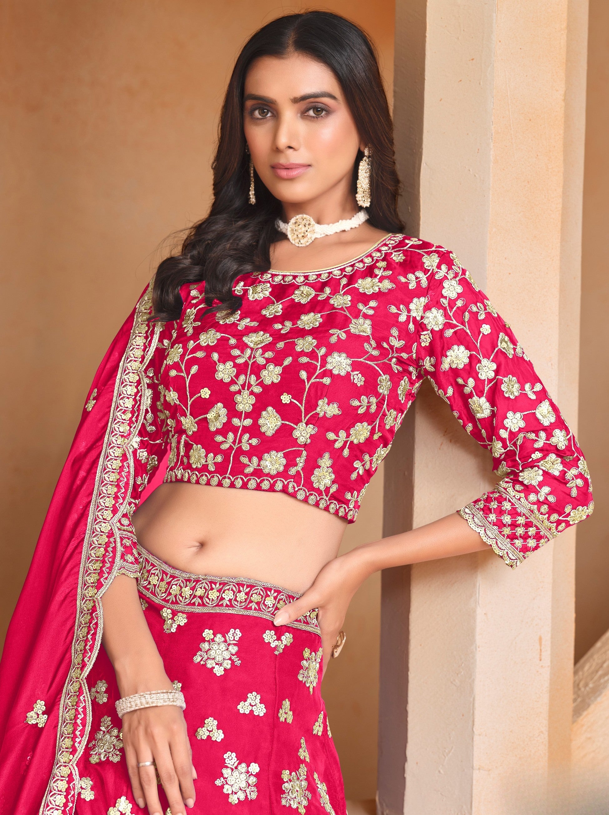 Ruby Pink Designer Party Lehenga Set With Sequin And Zari Work - TrendOye