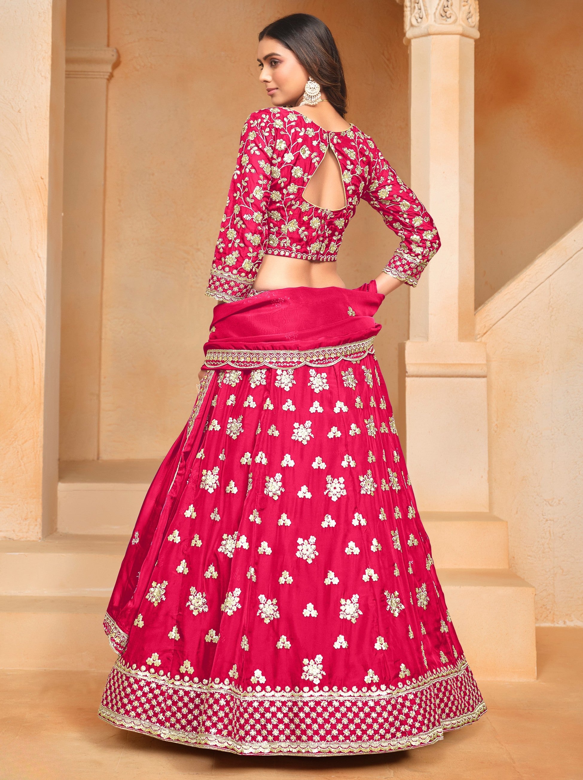 Ruby Pink Designer Party Lehenga Set With Sequin And Zari Work - TrendOye