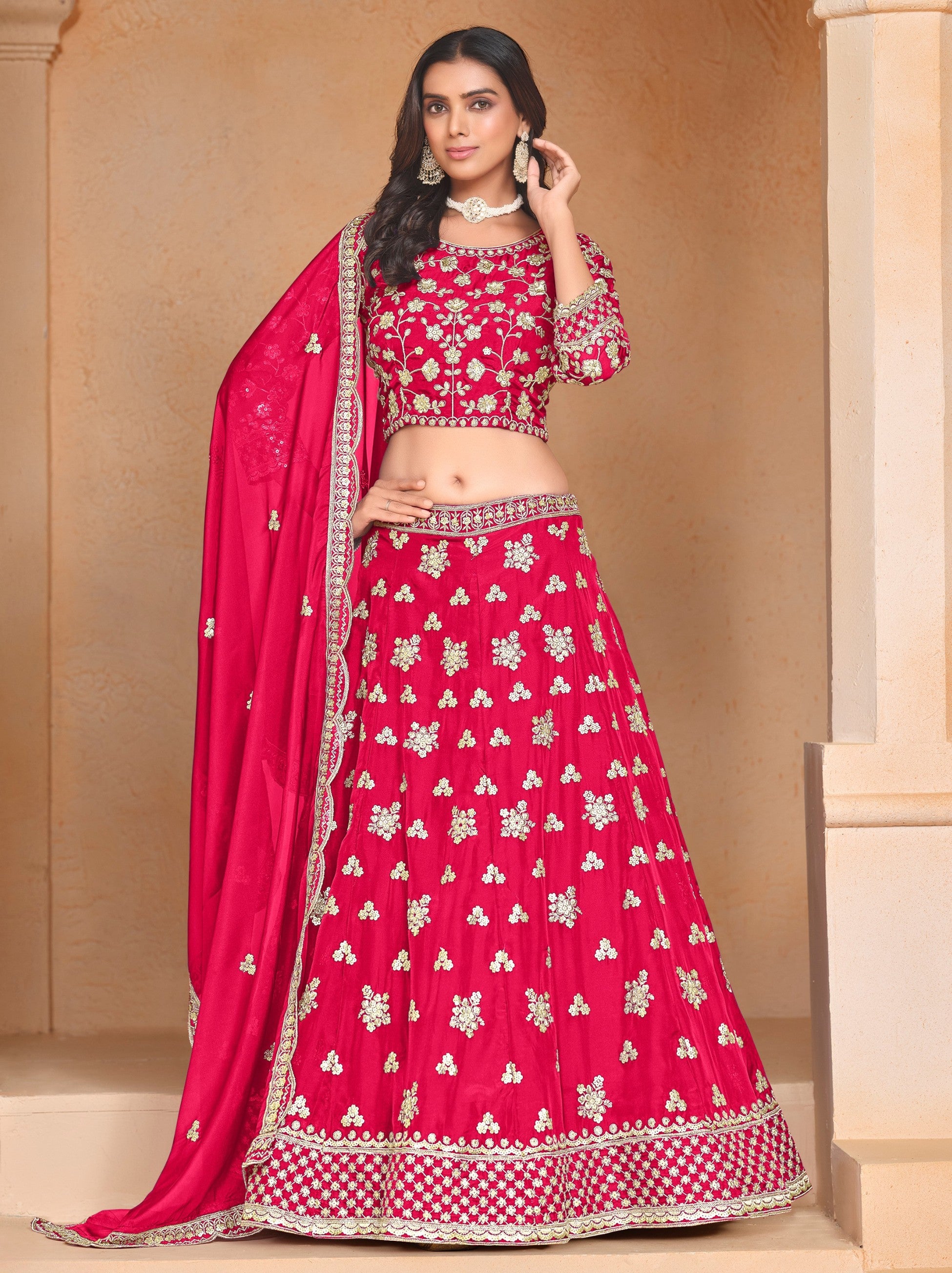 Ruby Pink Designer Party Lehenga Set With Sequin And Zari Work - TrendOye