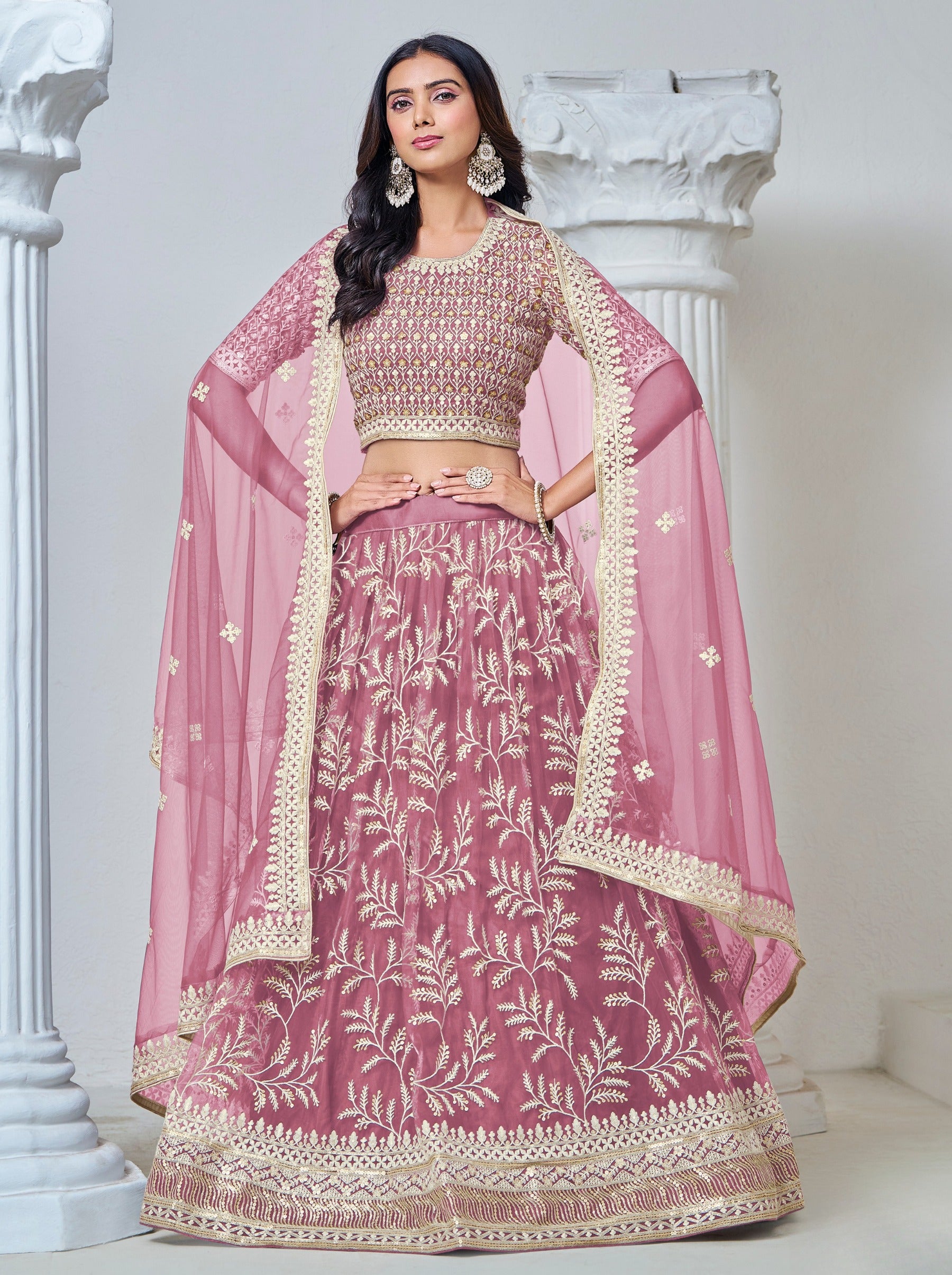 Elegant Thulian Pink Net Lehenga Set With Thread And Sequin Work - TrendOye