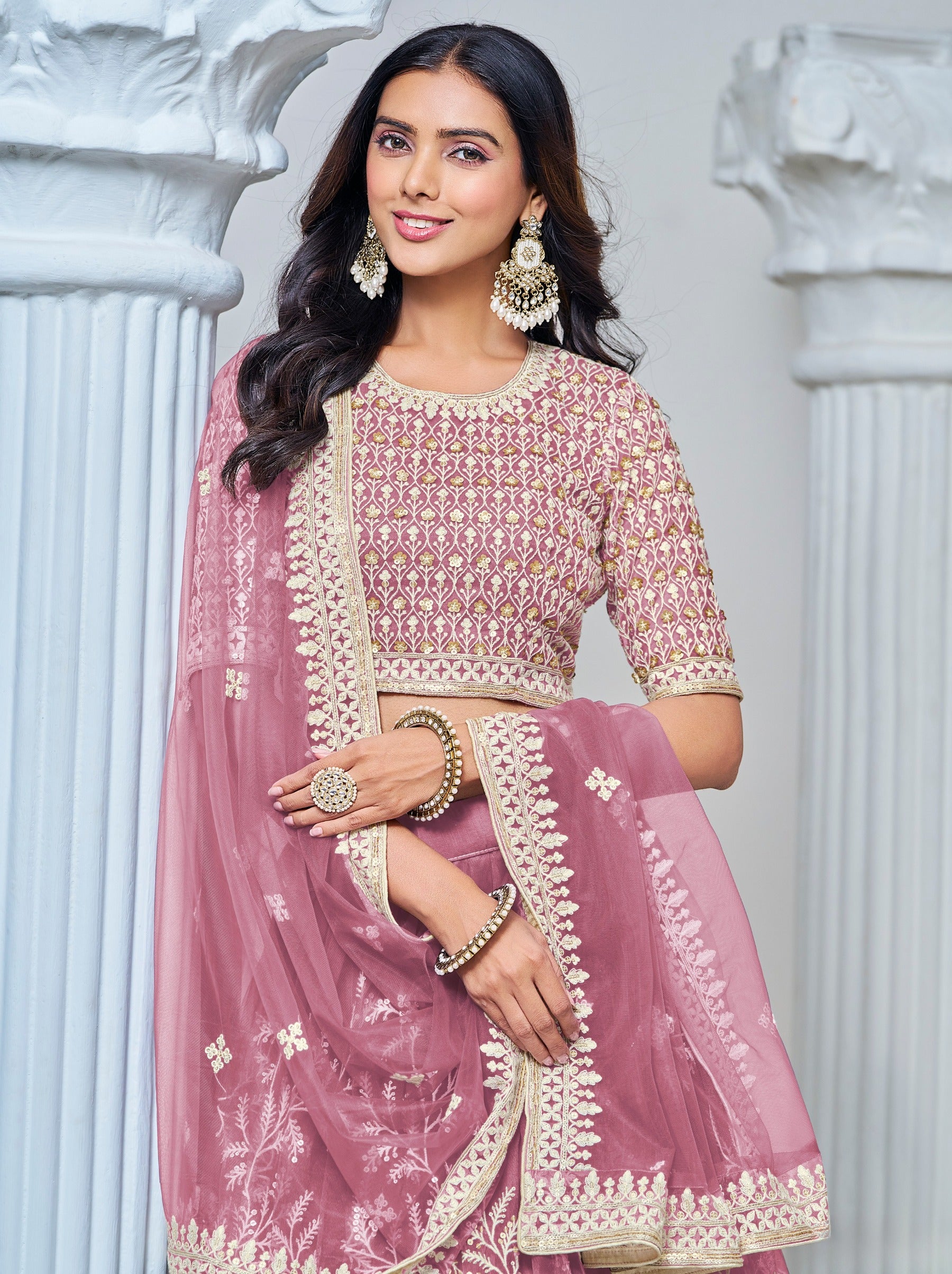 Elegant Thulian Pink Net Lehenga Set With Thread And Sequin Work - TrendOye