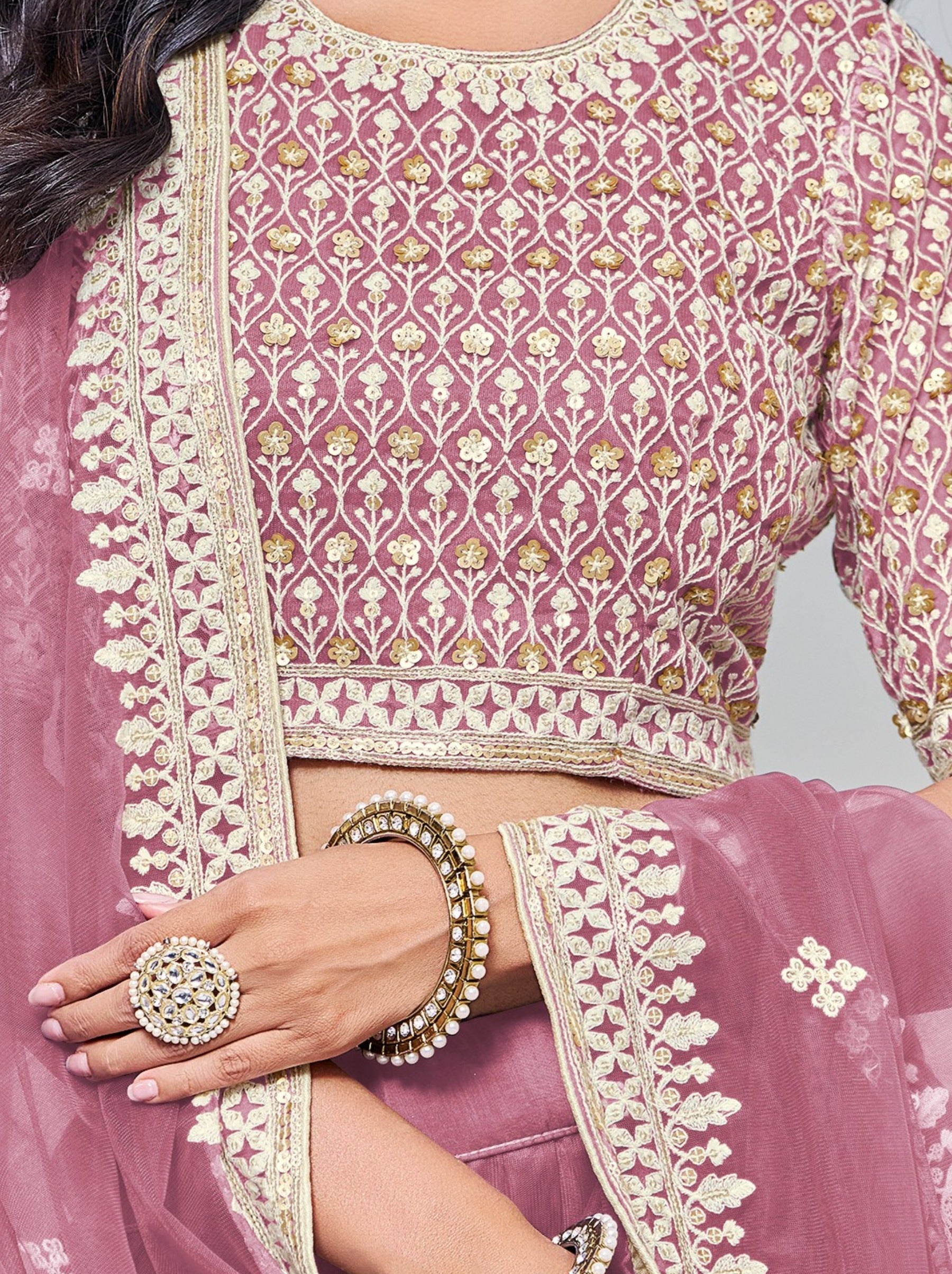 Elegant Thulian Pink Net Lehenga Set With Thread And Sequin Work - TrendOye