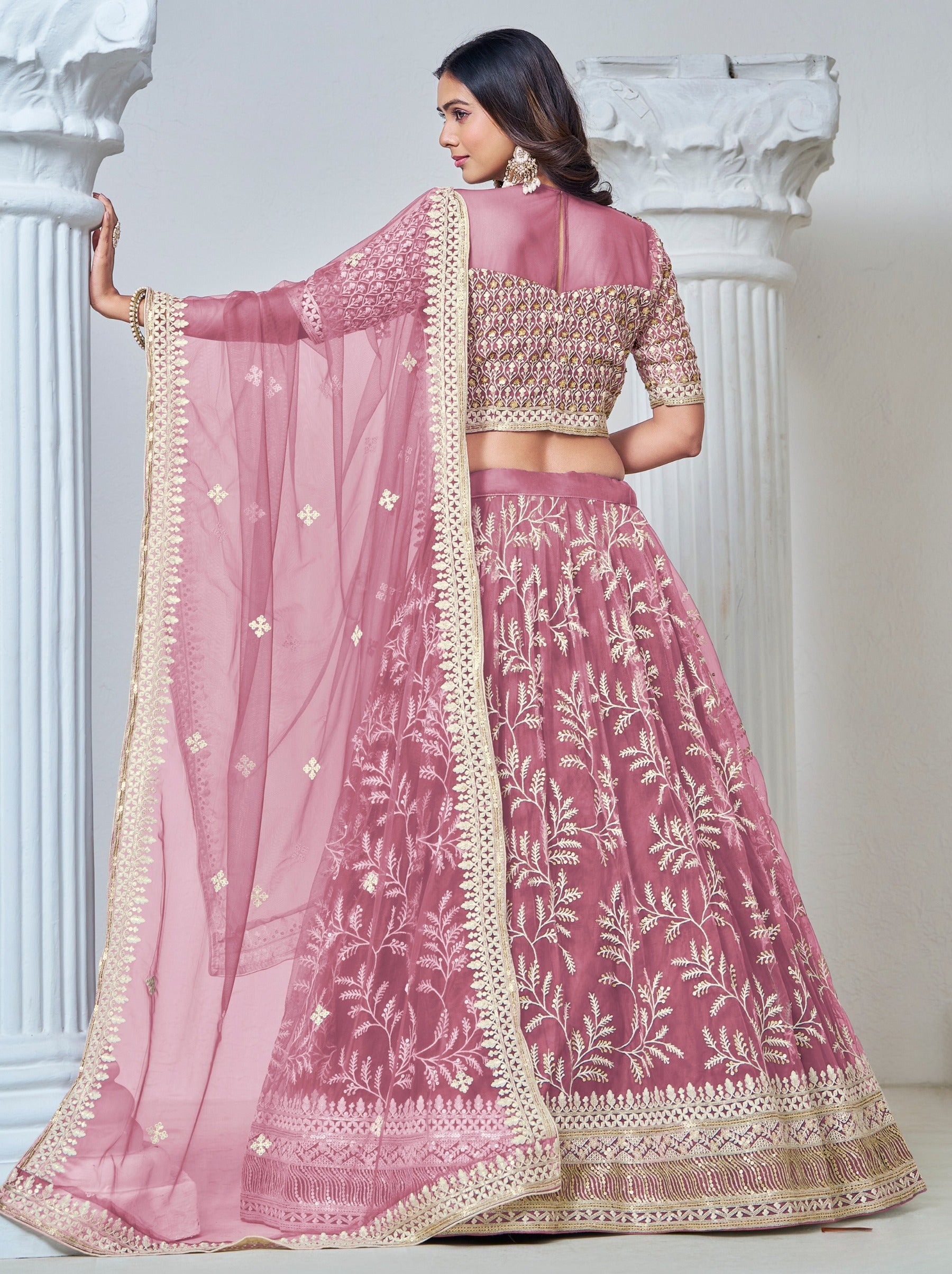 Elegant Thulian Pink Net Lehenga Set With Thread And Sequin Work - TrendOye
