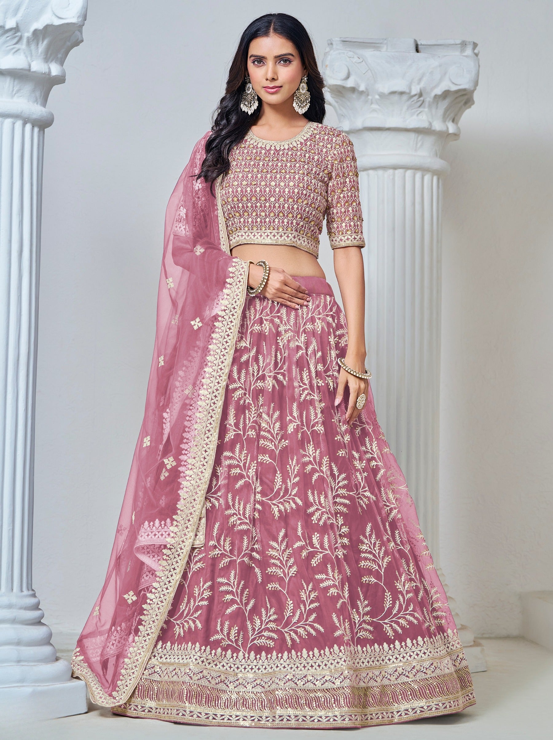 Elegant Thulian Pink Net Lehenga Set With Thread And Sequin Work - TrendOye
