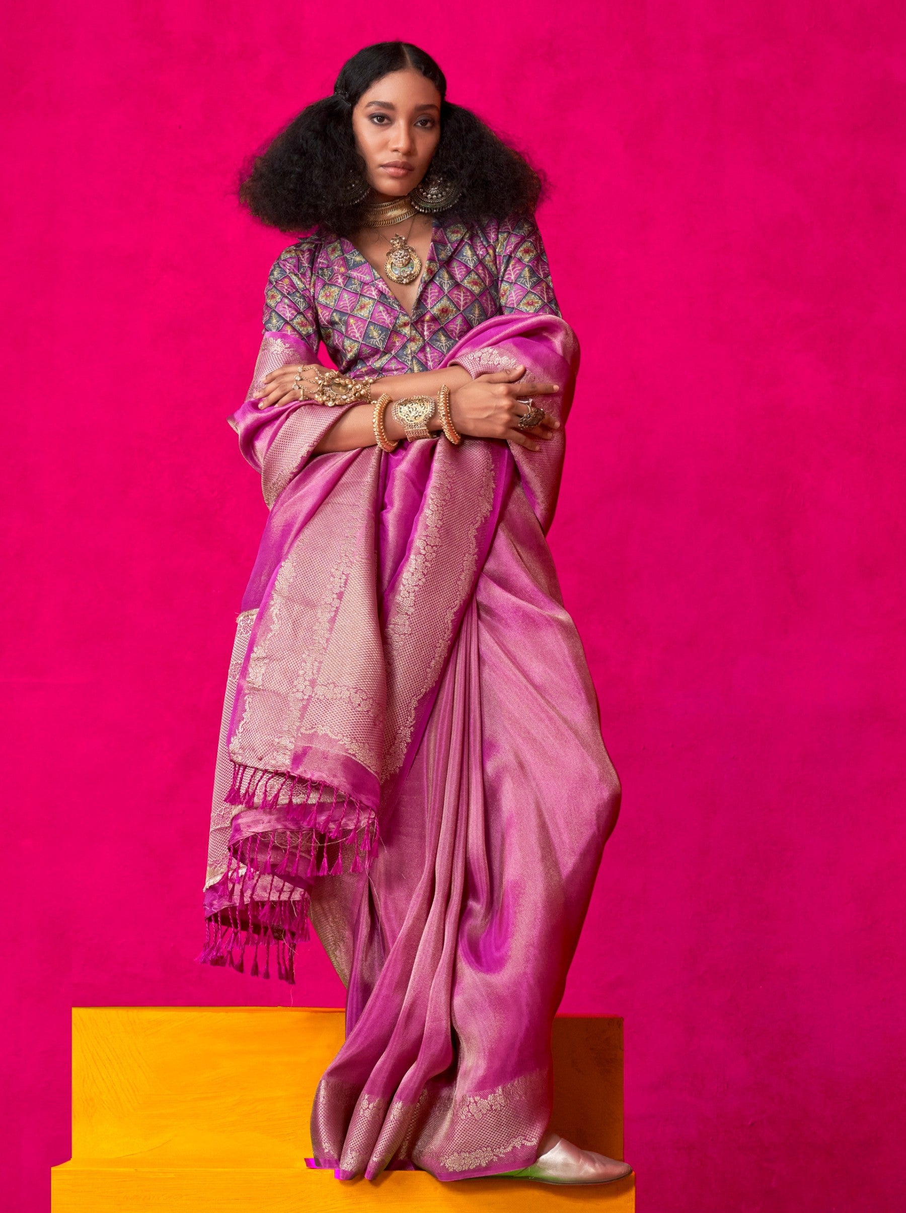 Magenta Pink Tissue Silk Party Saree - TrendOye