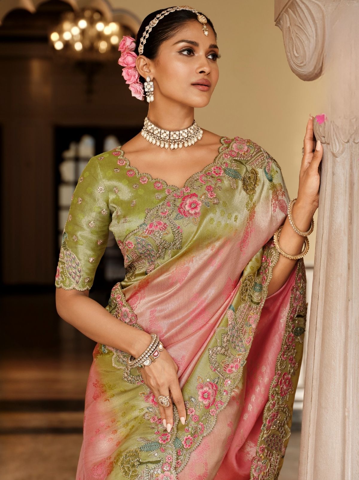 Flamingo Pink Elegant Designer Wedding Wear Saree With Blouse Piece - TrendOye