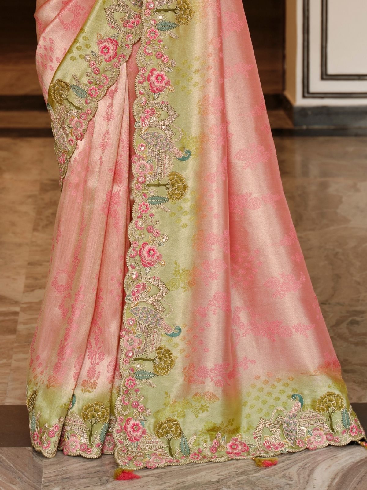 Flamingo Pink Elegant Designer Wedding Wear Saree With Blouse Piece - TrendOye